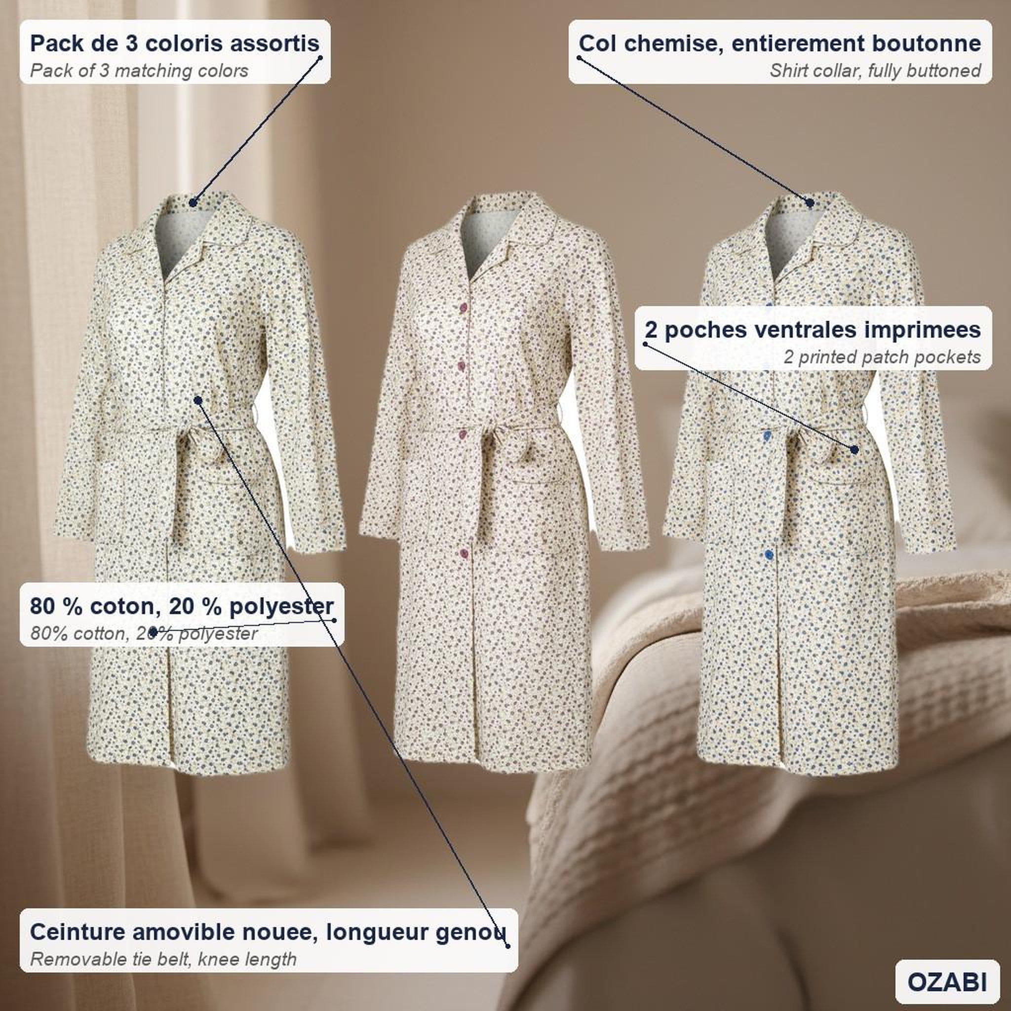 Voir la diapositive 5 : OZABI OZABI Chemise de Nuit Femme Pack de 3, Coton, Col Chemise Boutonné