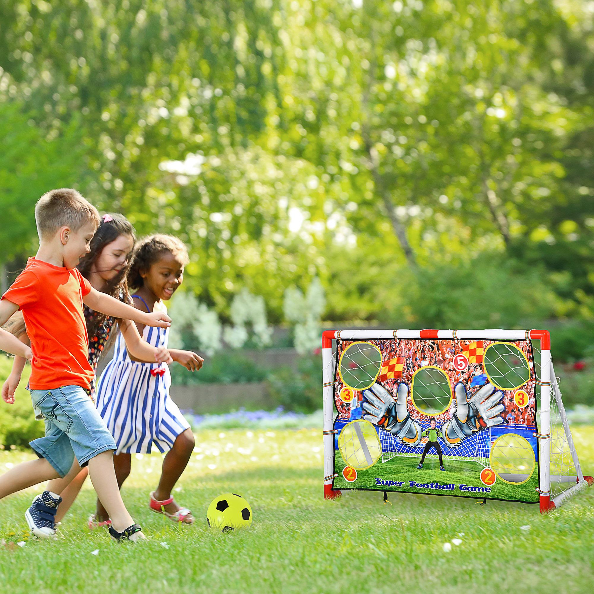 Voir la diapositive 2 : HOMCOM Cage de foot but d'entrainement 2 en 1 but de football futsal mur de tir amovible avec 5 cibles dim. 116L x 48l x 76H cm balle et gonfleur inclus