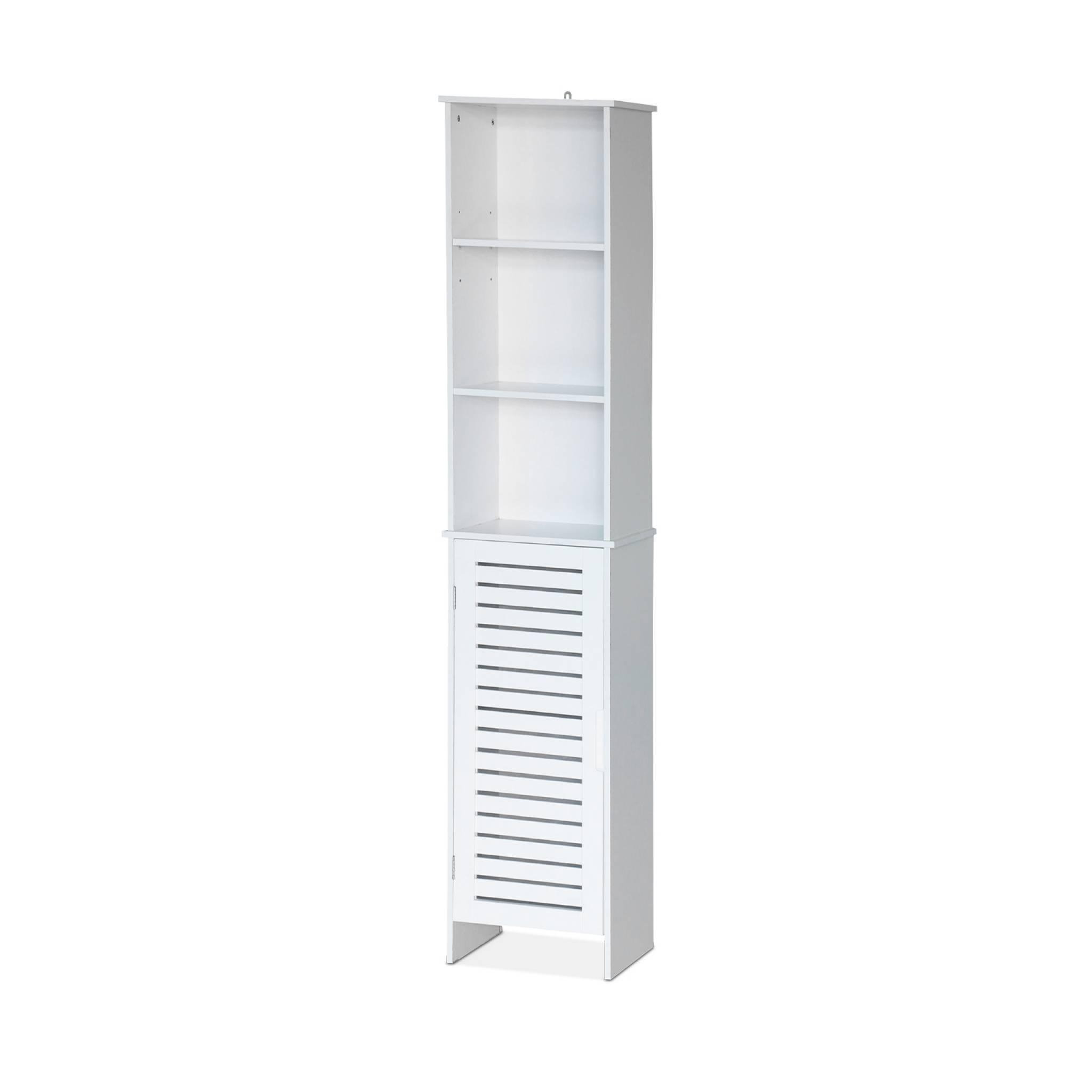 Voir la diapositive 4 : SWEEEK Colonne de rangement salle de bain - Rivage -  5 étagères. 1 porte ajourée. 5 niveaux de rangement