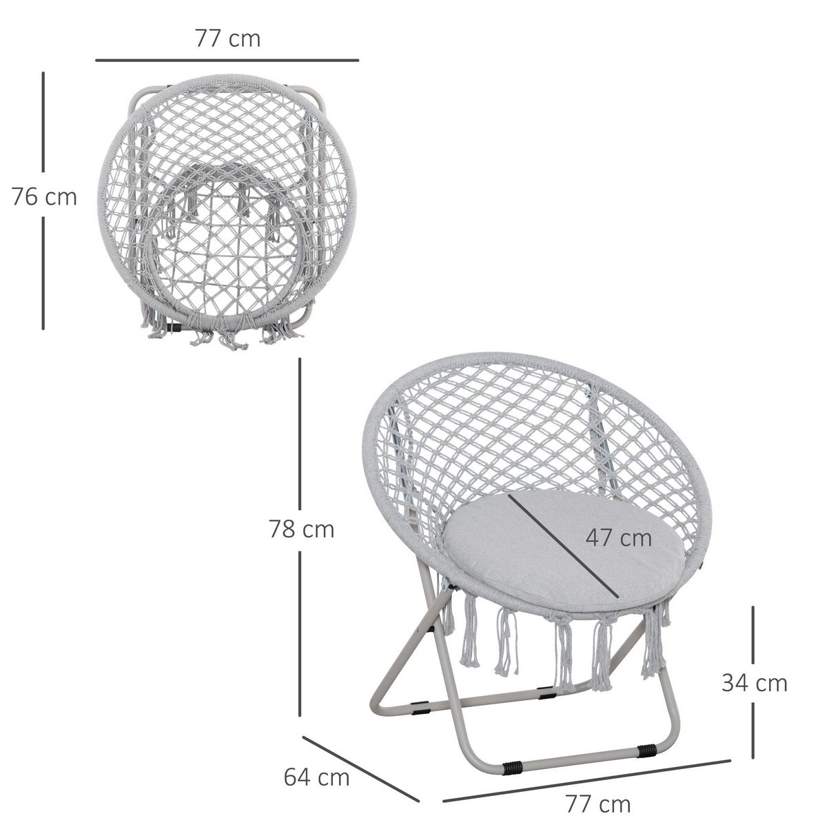 OUTSUNNY Loveuse fauteuil rond de jardin fauteuil lune papasan pliable grand confort macramé coton polyester gris