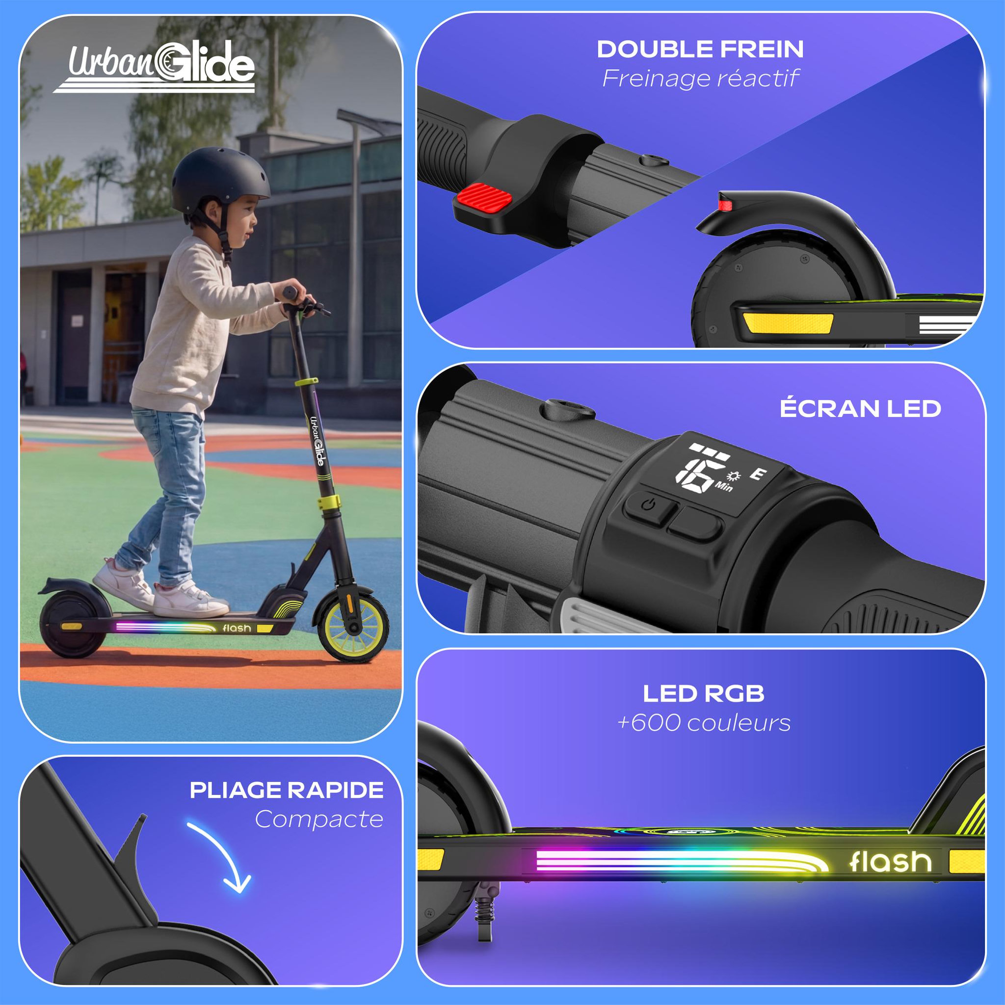 Voir la diapositive 5 : URBANGLIDE URBANRIDE 55 KID â€  Trottinette Ã‰lectrique Enfant 6 ans+ | 16km/h | LumiÃ¨res LED RGB | 6,5 kg