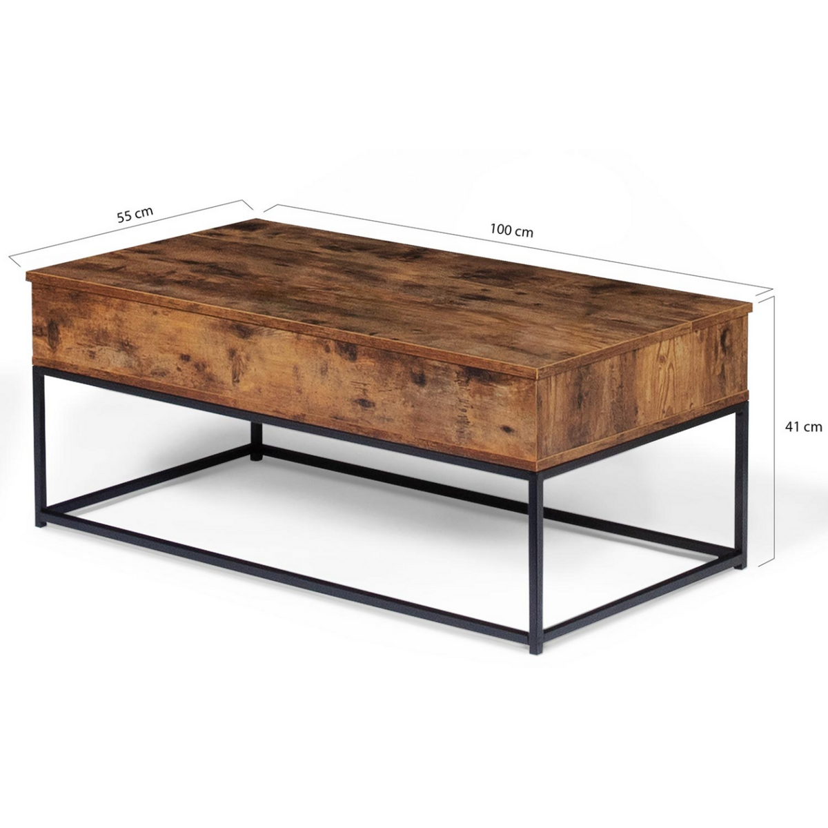 ID MARKET Table basse plateau relevable rectangulaire DAYTON effet vieilli design industriel