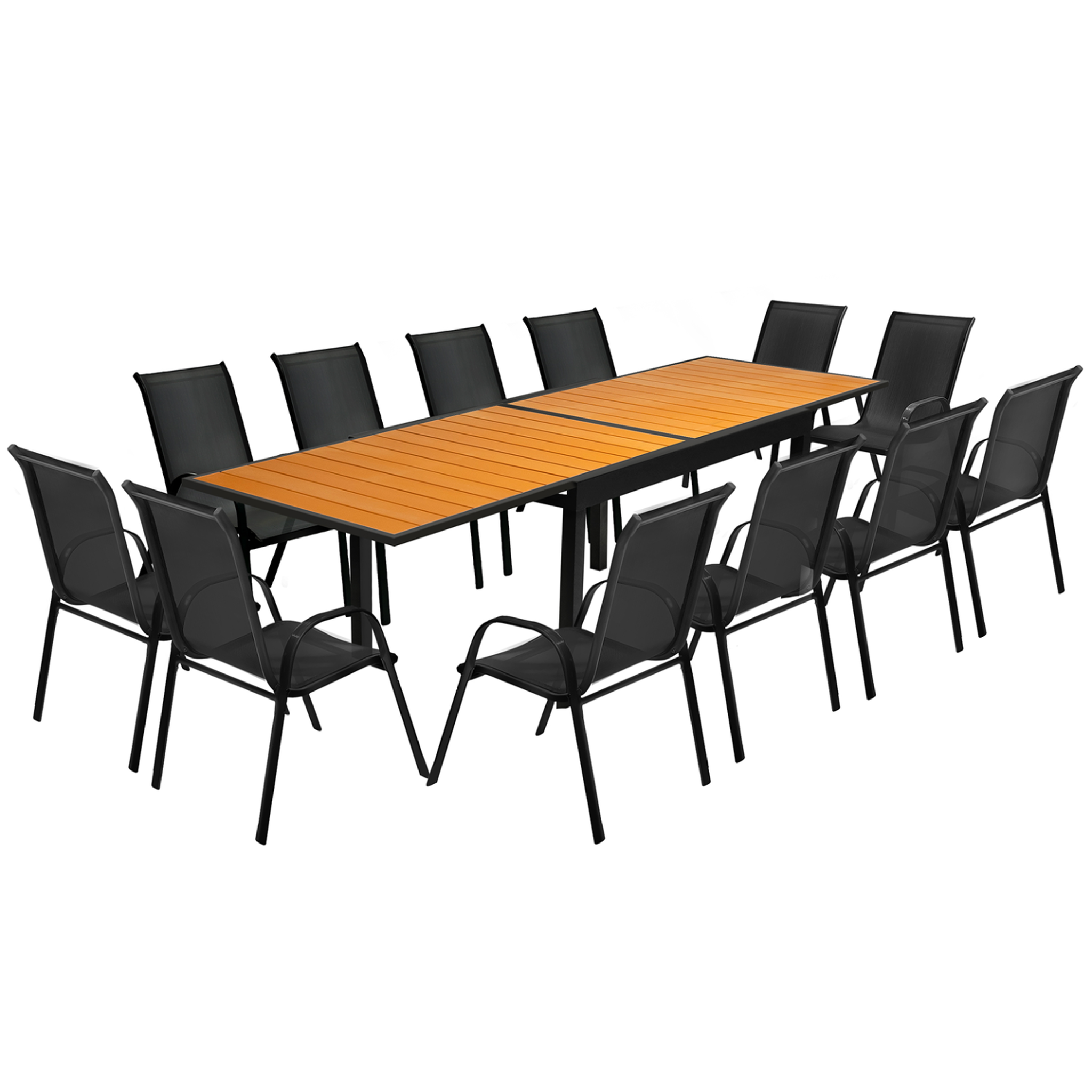 ID MARKET Salon de jardin poly table extensible 135-270 cm et 12 chaises bois et noir