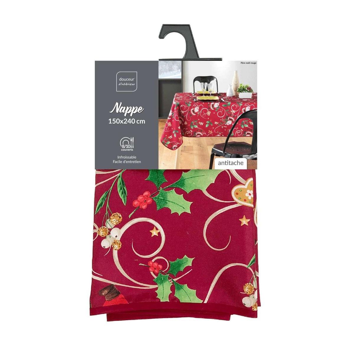 Douceur d'Intérieur Nappe rectangulaire antitache et infroissable imprimé Père Noël - L. 150 x l. 240 cm - Rouge