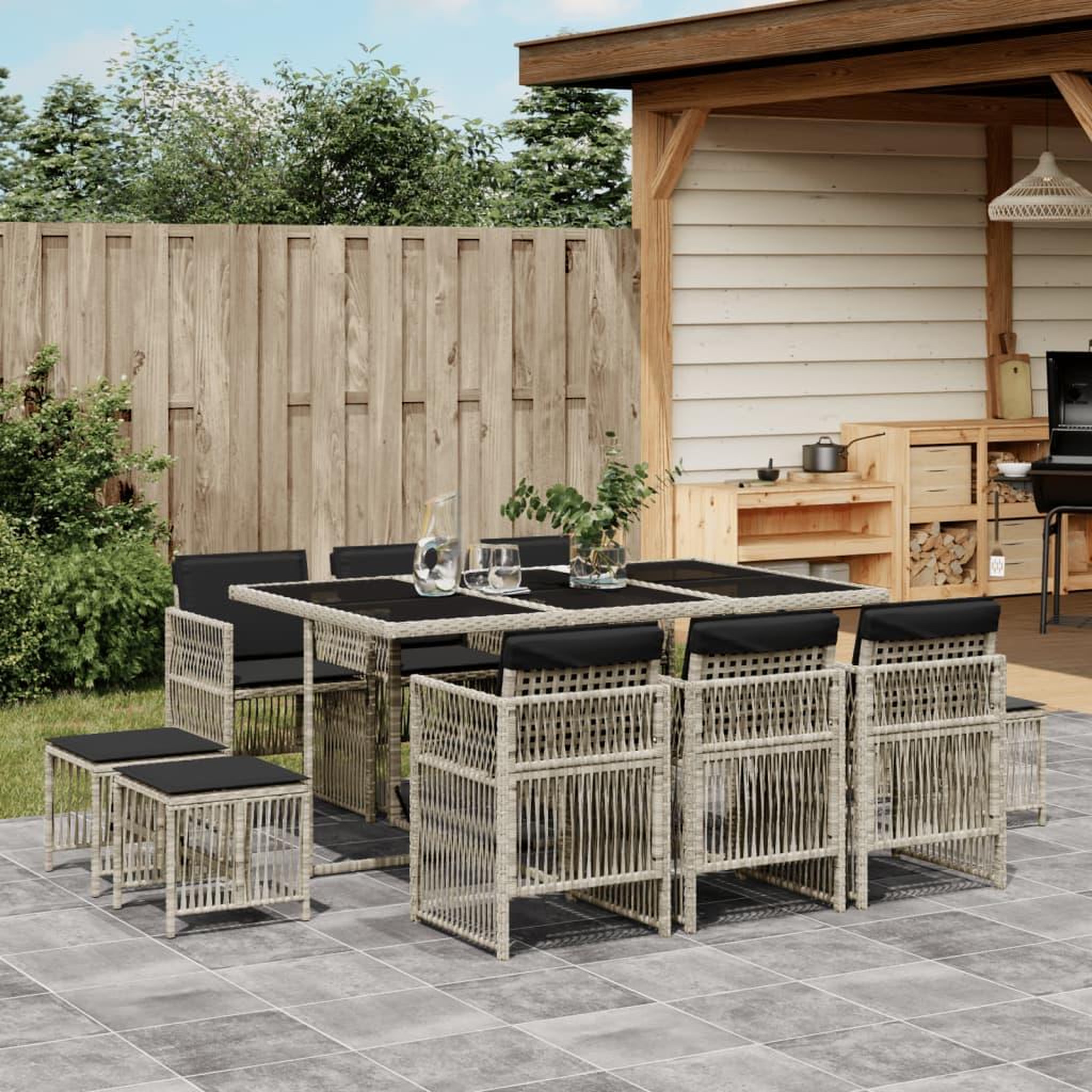 VIDAXL Ensemble a manger de jardin 11pcs avec coussins gris poly rotin