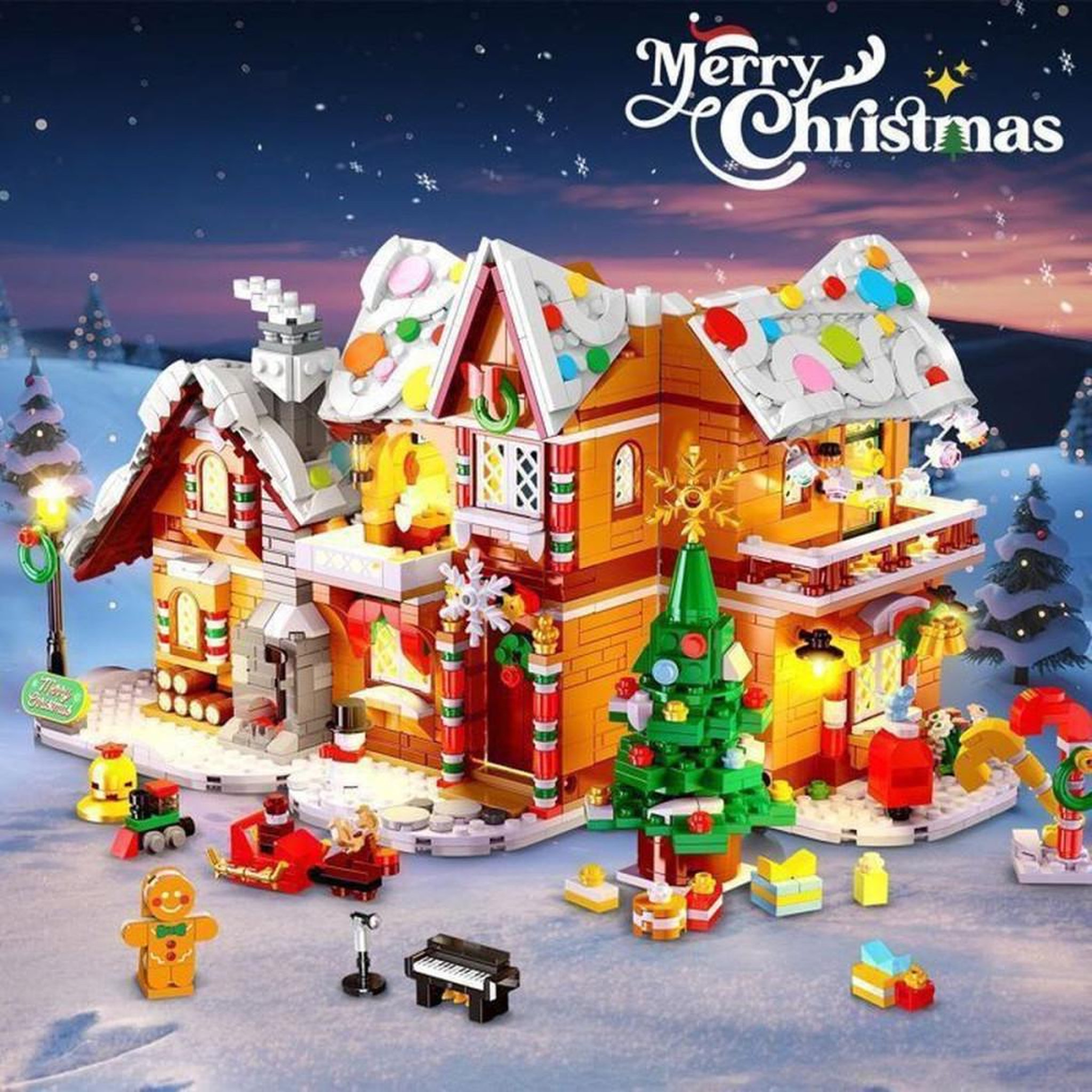 Voir la diapositive 3 : Maison de Noël en briques avec éclairage LED 1421 pièces, 3 modèles, thème pain d'épice, accessoires festifs, à monter soi-même, dès 8 ans