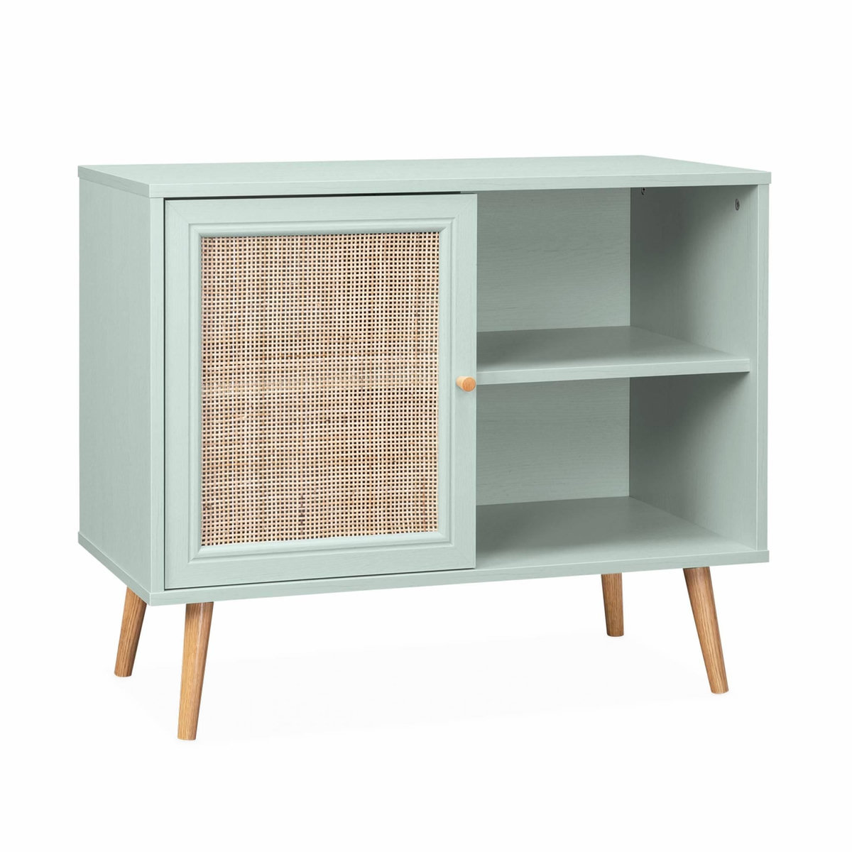 SWEEEK Meuble de rangement en cannage 80x39x65.8cm  Bohème - Vert céladon-  2 niveaux - 1 porte -  pieds scandinaves. buffet bas