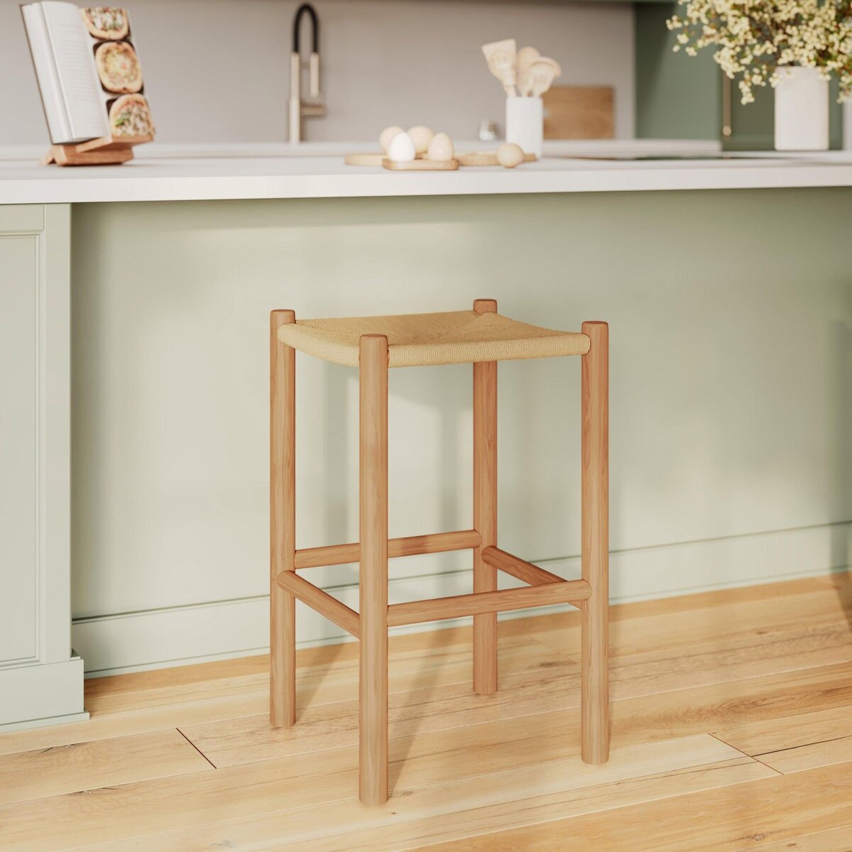 Rendez vous déco Tabouret pour ilot central 65 cm en teck noir et rotin - Kaïa