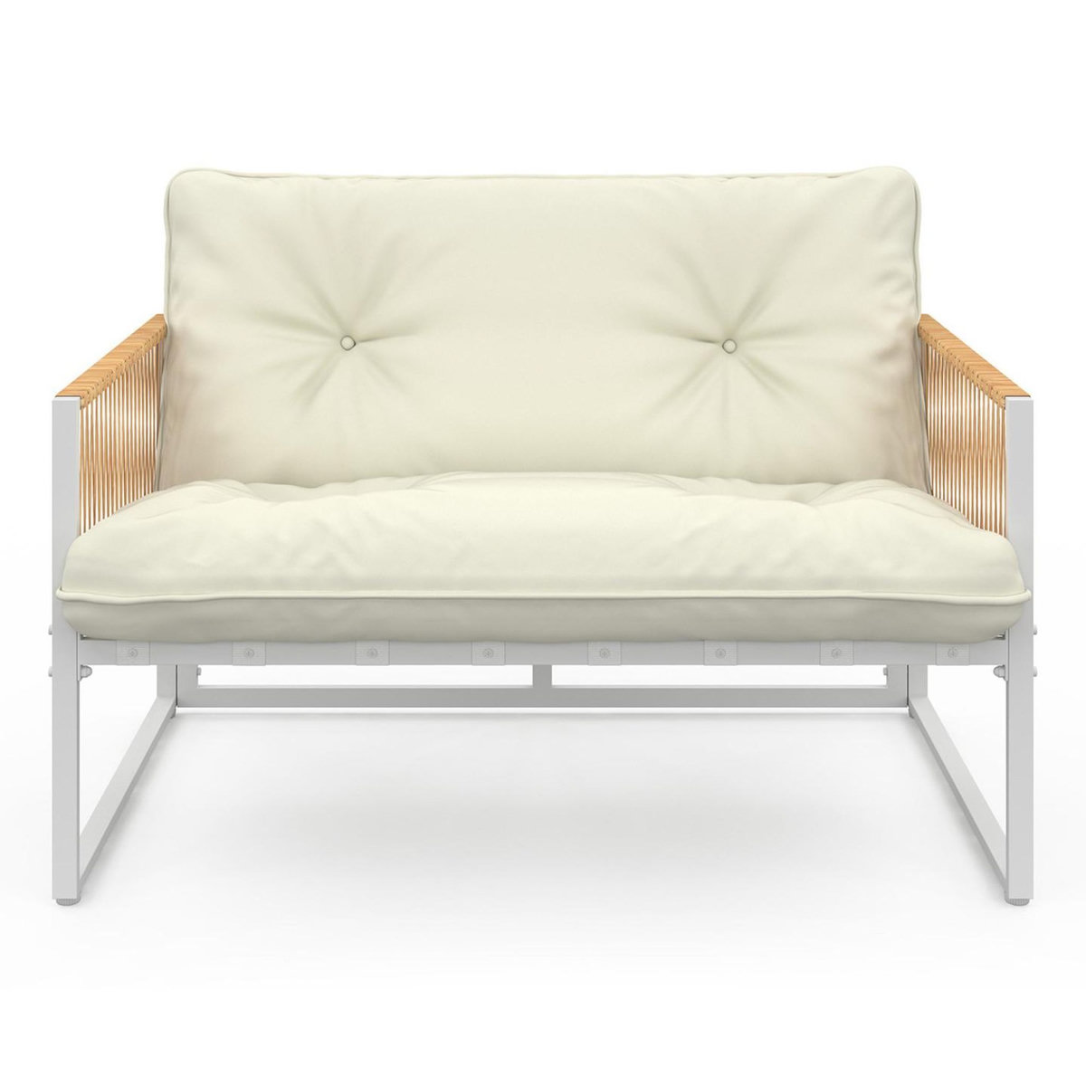 ID MARKET Salon de jardin bas RIO 6 places structure métal blanc et cordage effet rotin avec coussins beige