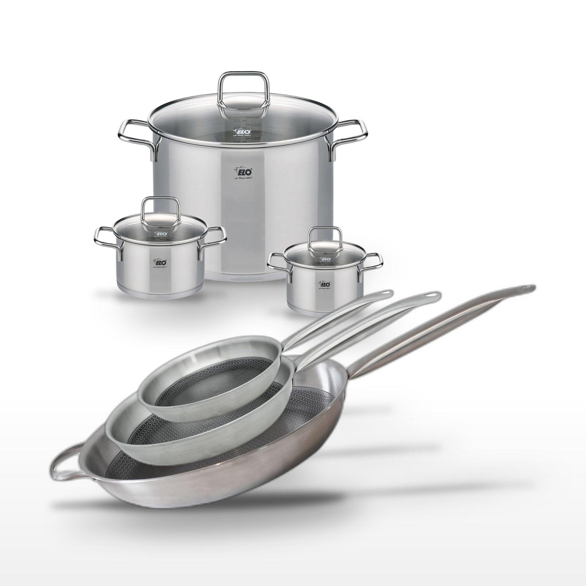 ELO Batterie de cuisine avec 3 poêles 24/28/32 cm et 3 faitouts 14/16/26 cm en inox et aluminium sans pfas elo collection relief solution citrin
