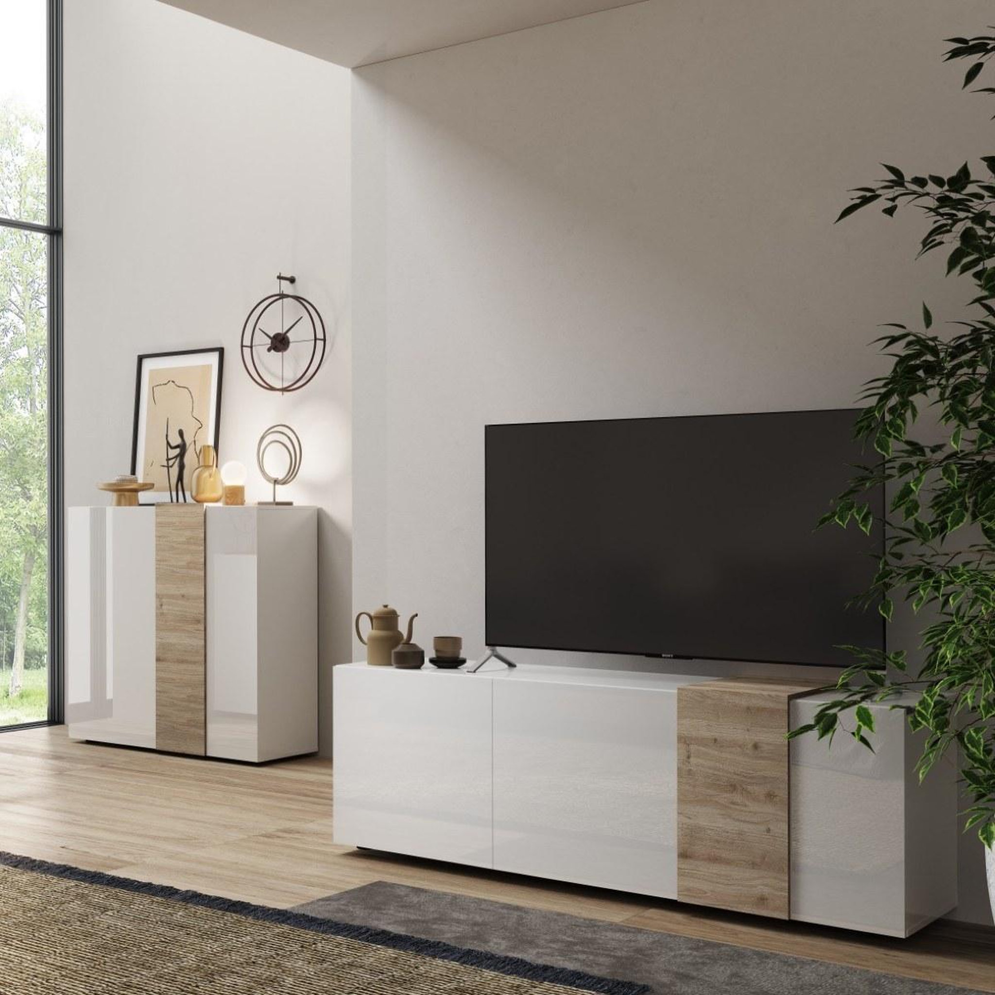 Voir la diapositive 5 : JLC KREATION Buffet haut moderne blanc et bois 2 portes SIA