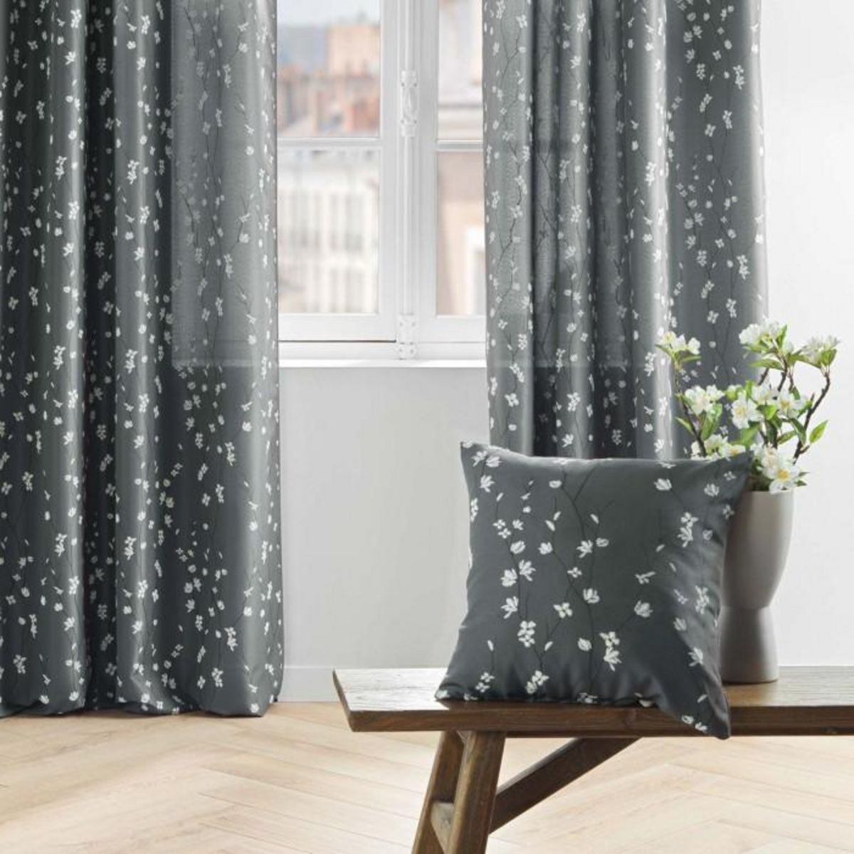 Paris Prix Coussin Déco Imprimé  Sakura  45x45cm Anthracite