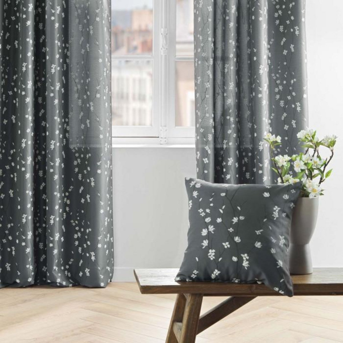 Paris Prix Coussin Déco Imprimé  Sakura  45x45cm Anthracite