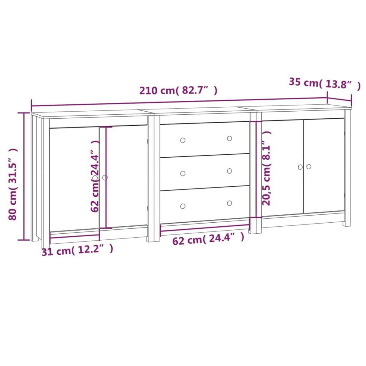 VIDAXL Buffet Blanc 210x35x80 cm Bois massif de pin
