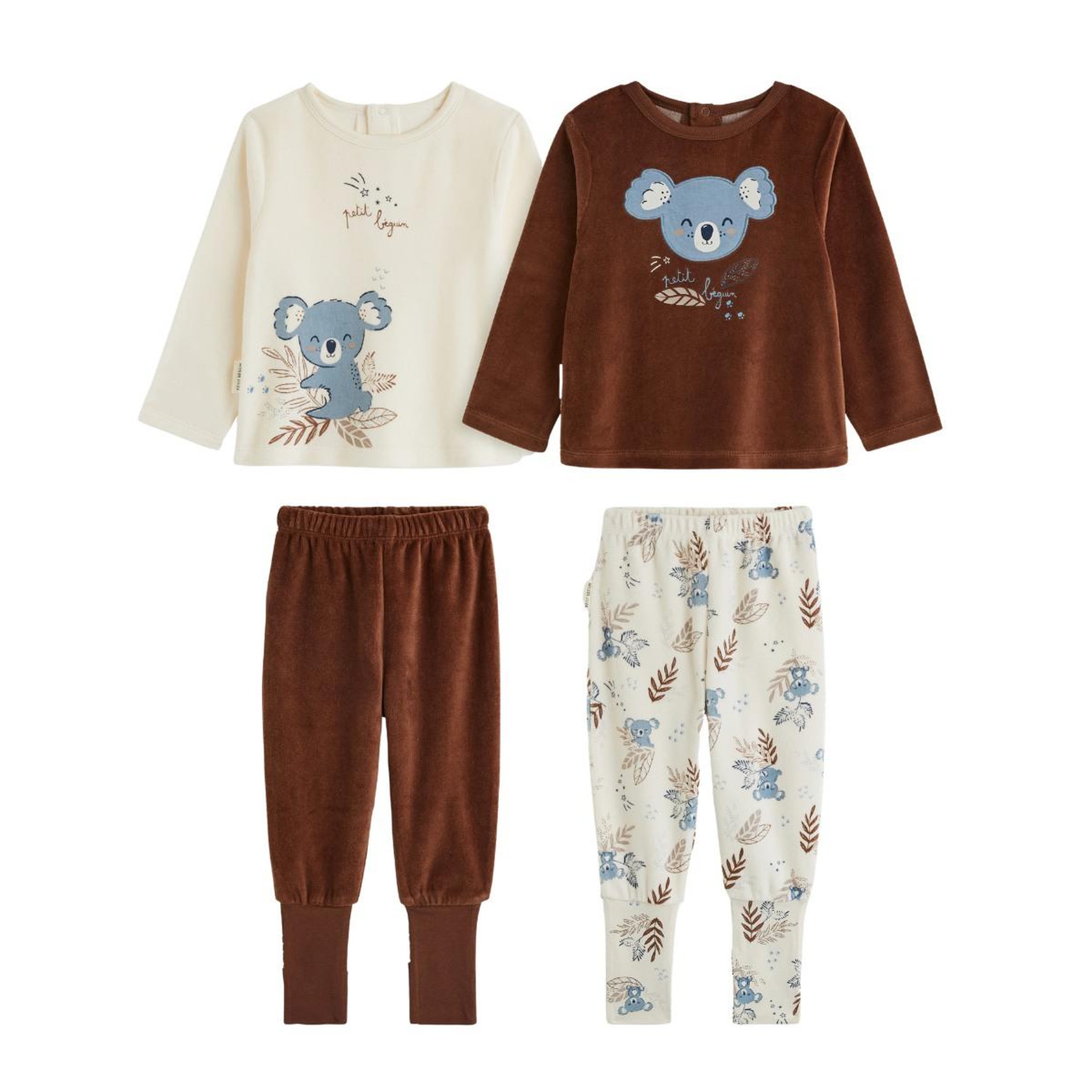 PETIT BEGUIN Lot de 2 pyjamas bébé 2 pièces en velours à pieds retroussables mathéo. Coloris disponibles : Marron