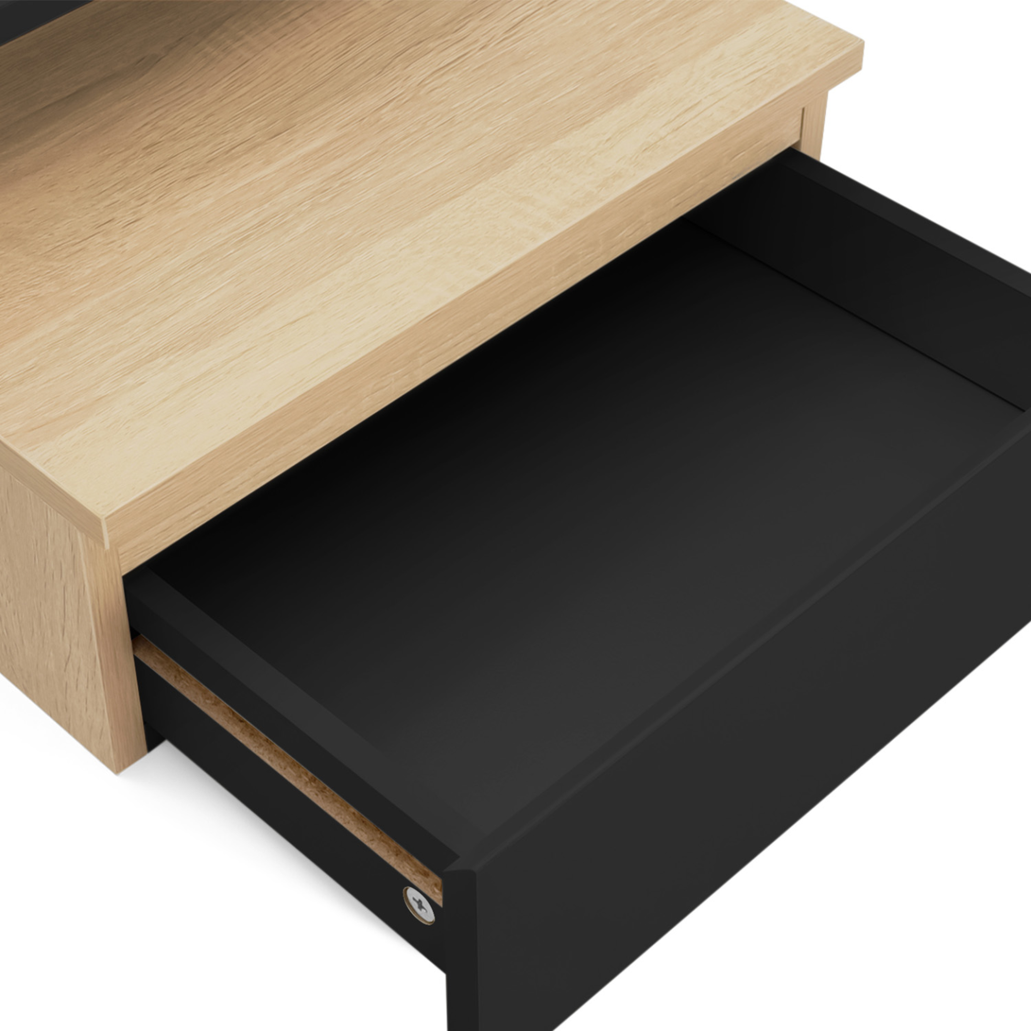 Voir la diapositive 6 : ID MARKET Lot de 2 tables de chevet murales tomi 1 tiroir + 1 tablette étagère suspendue + 1 tablette façon hêtre et noir