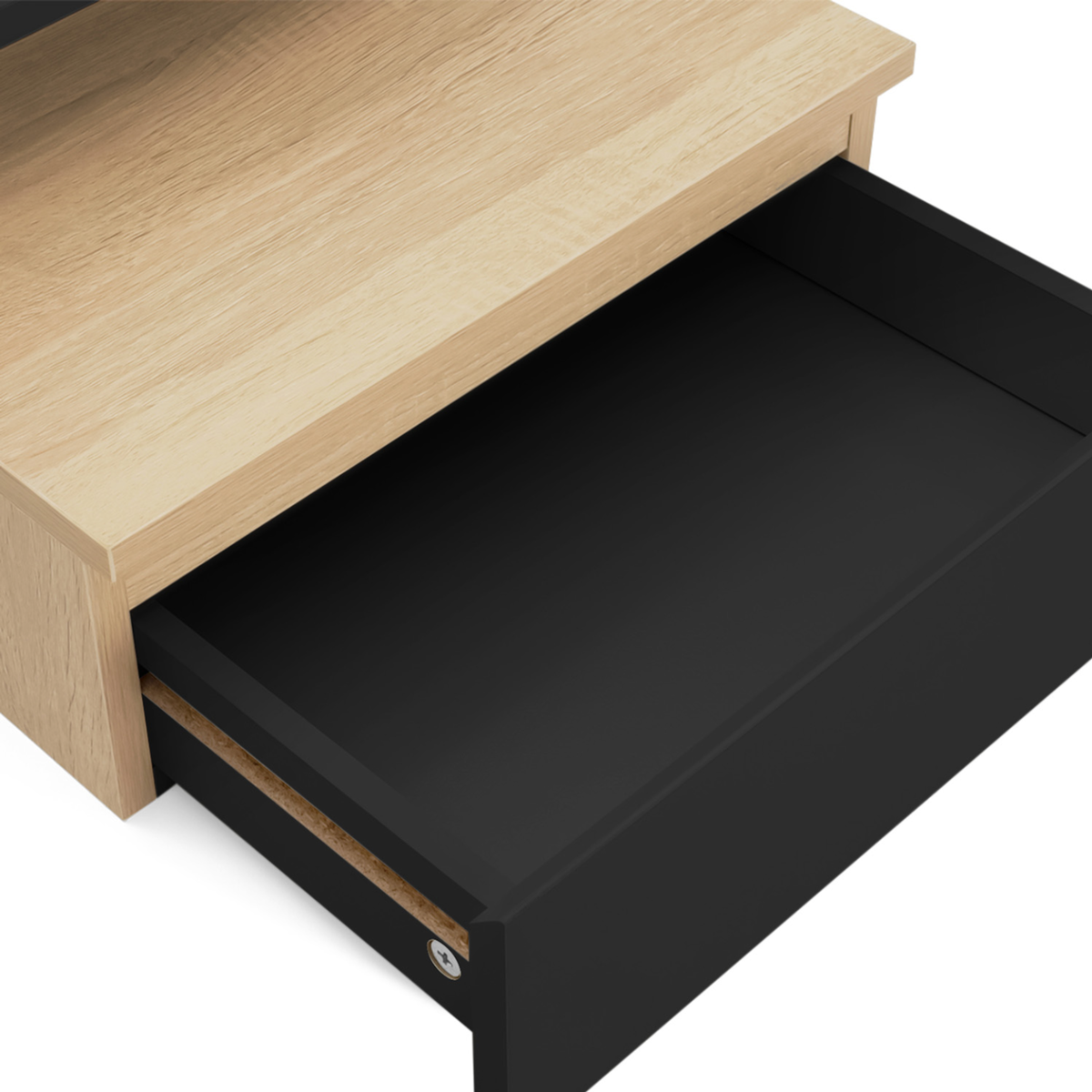 ID MARKET Lot de 2 tables de chevet murales TOMI 1 tiroir + 1 tablette étagère suspendue + 1 tablette façon hêtre et noir