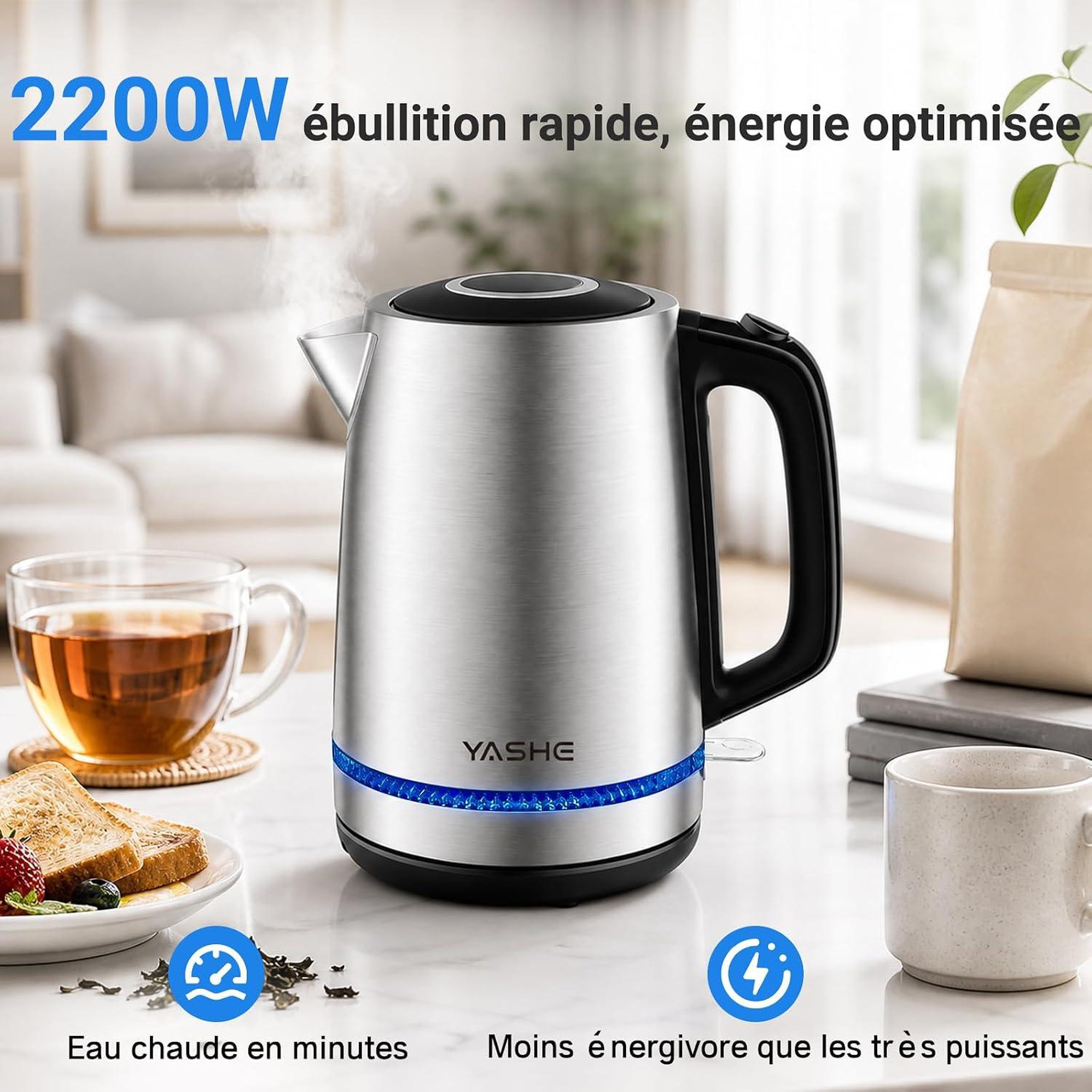 Voir la diapositive 3 : YASHE Bouilloire inox, 1,7 L, 2200 W, base 360°