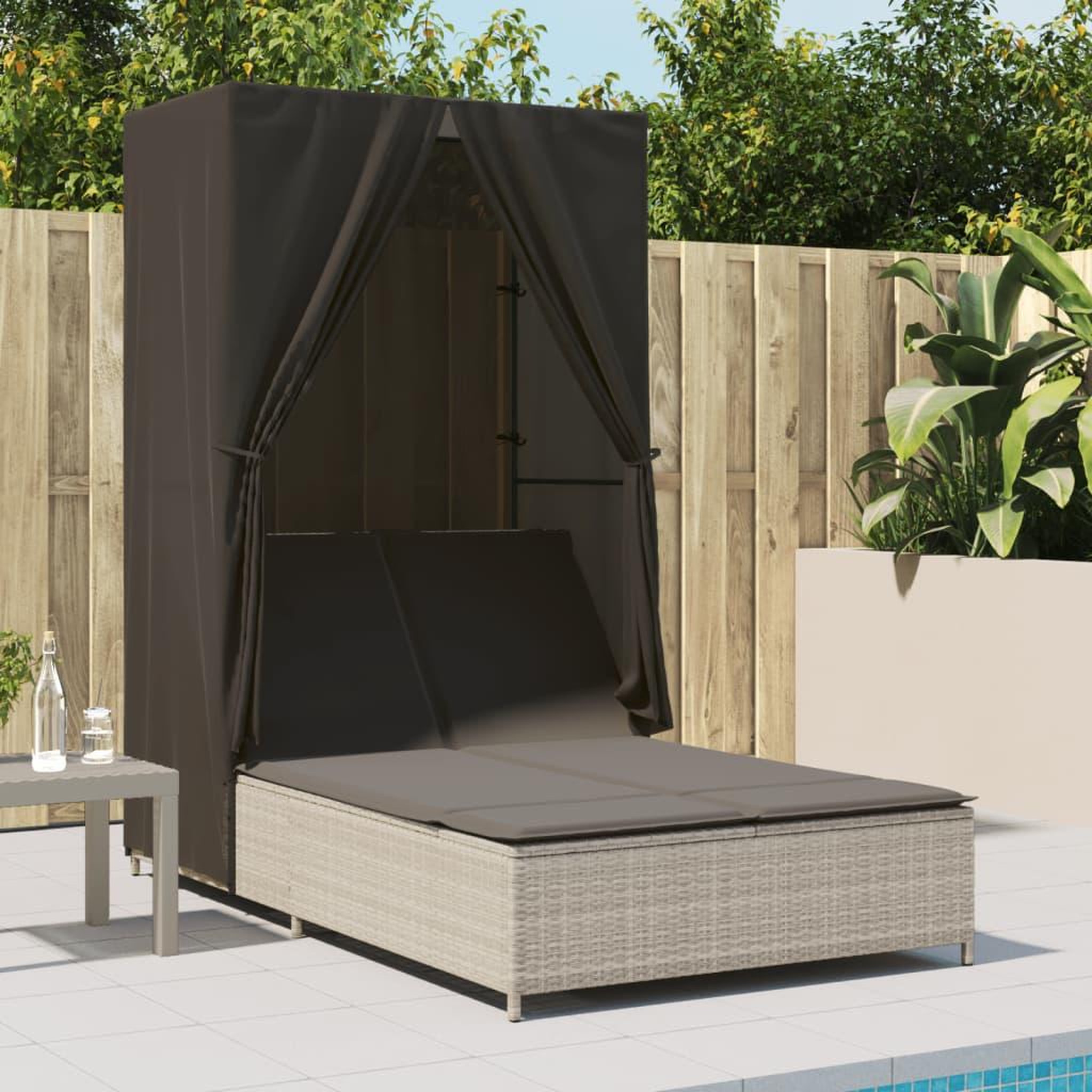 Voir la diapositive 3 : VIDAXL Chaise longue double avec toit et rideaux gris clair poly rotin