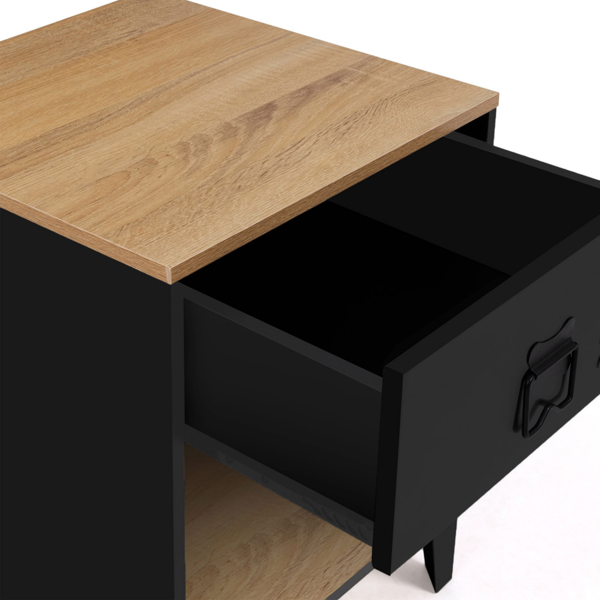 ID MARKET Lot de 2 tables de chevet ESTER 1 tiroir métal noir avec niche et plateau façon hêtre design industriel