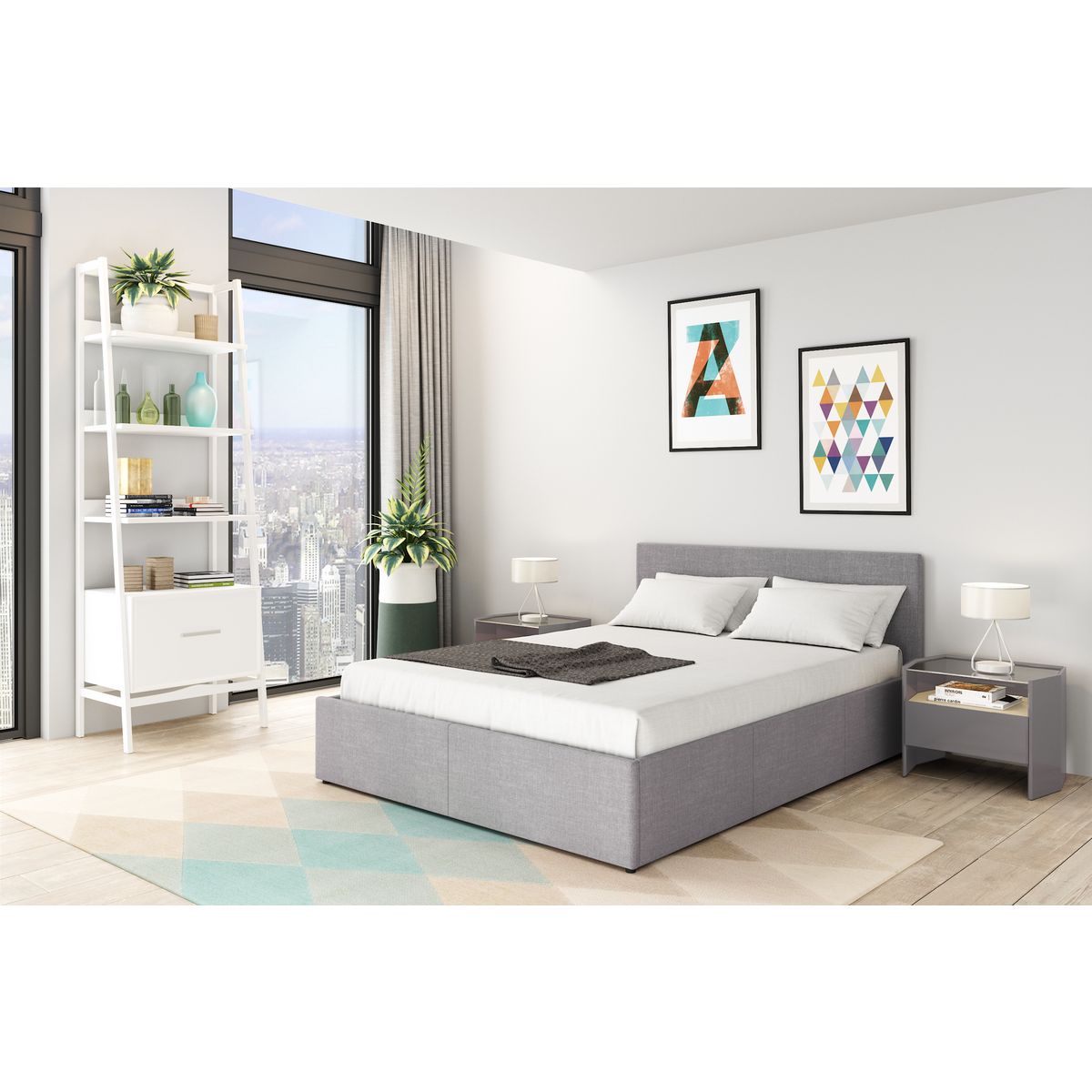 Lit coffre 160x200cm revêtement tissu gris avec sommier et tête de lit WILLOW