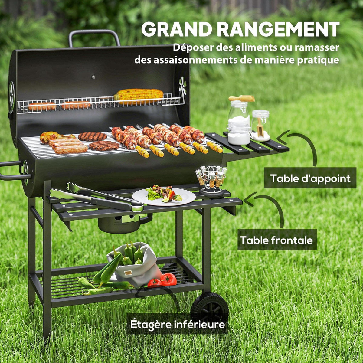 OUTSUNNY Barbecue charbon de bois avec couvercle 2 roues - 2 tablettes pliables, étagère, thermomètre - acier noir