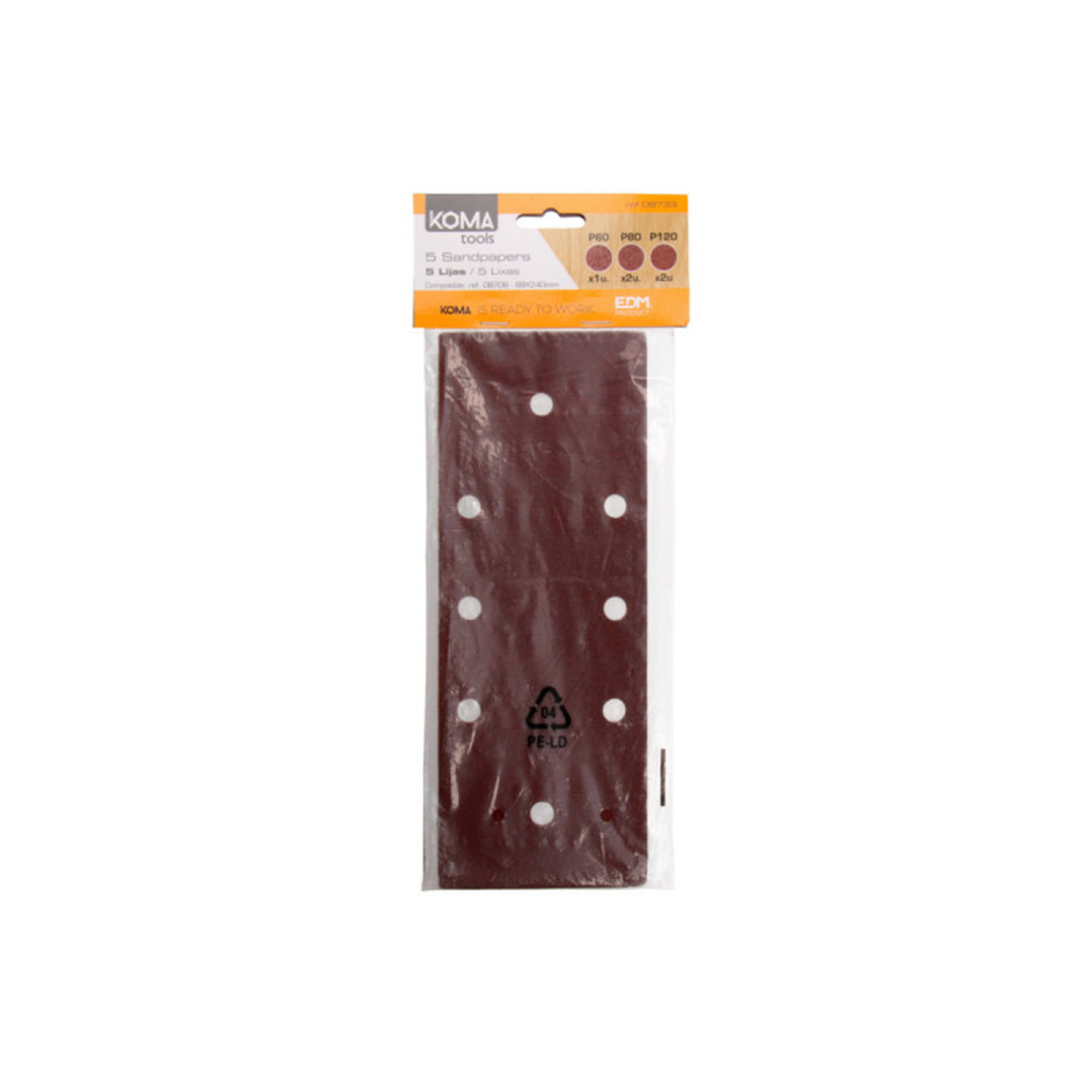 Voir la diapositive 1 :  5 papiers de verre KOMA - pour ponceuse vibrante 08706 - 08733