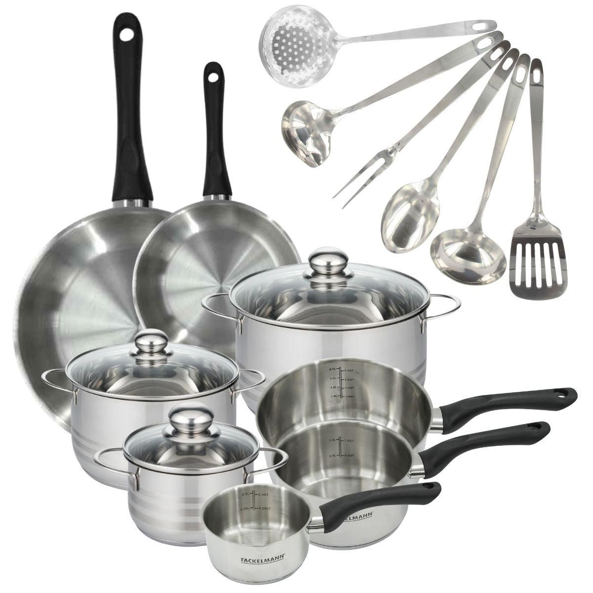 Fackelmann Set 2 poêles 20 28 cm 3 casseroles 12 16 20 cm, 3 faitouts 16, 20 et 24 cm en inox et 6 ustensiles inox Fackelmann Geneva