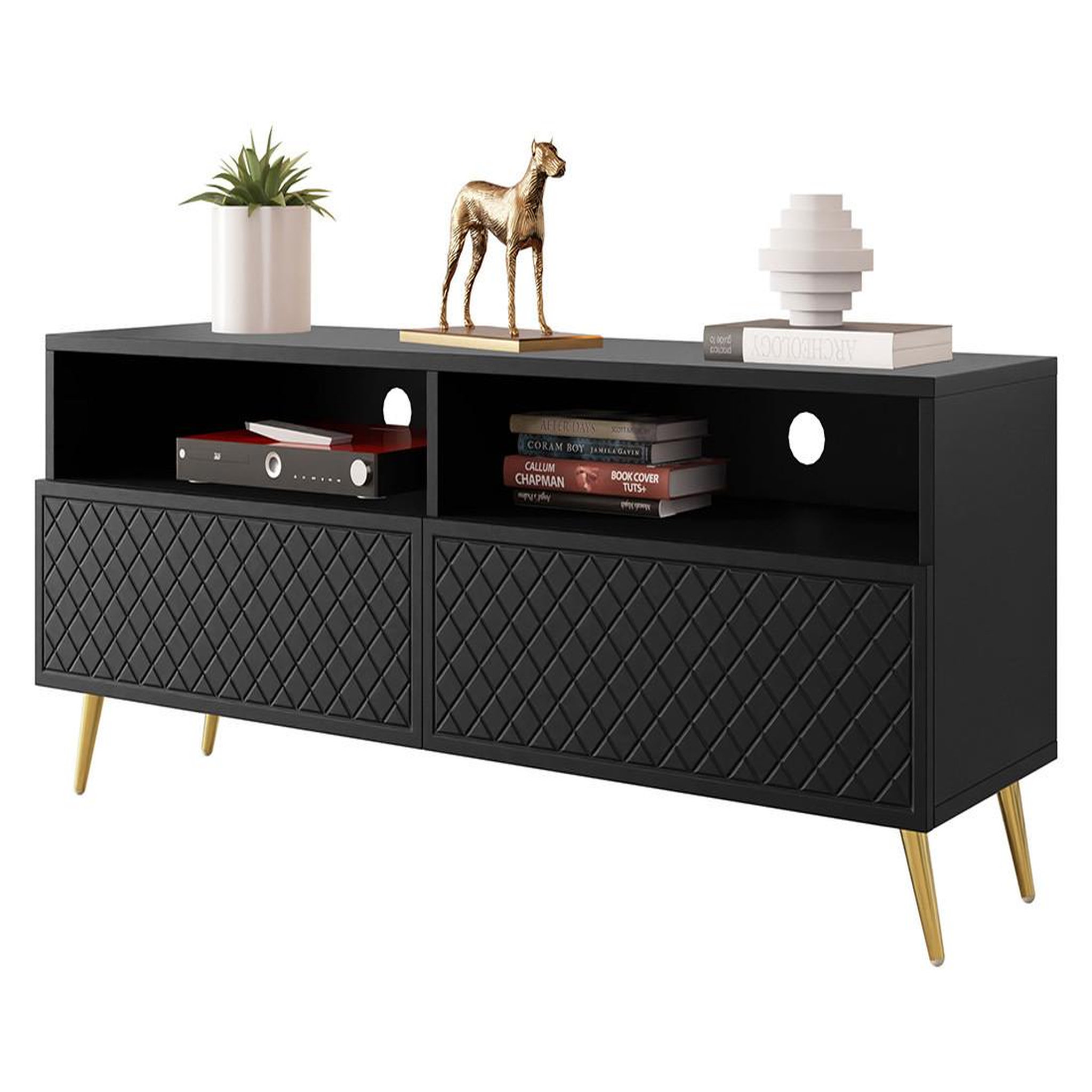 Voir la diapositive 2 : BEST MOBILIER Sorolla - meuble tv - 2 tiroirs et 2 niches - 150 cm