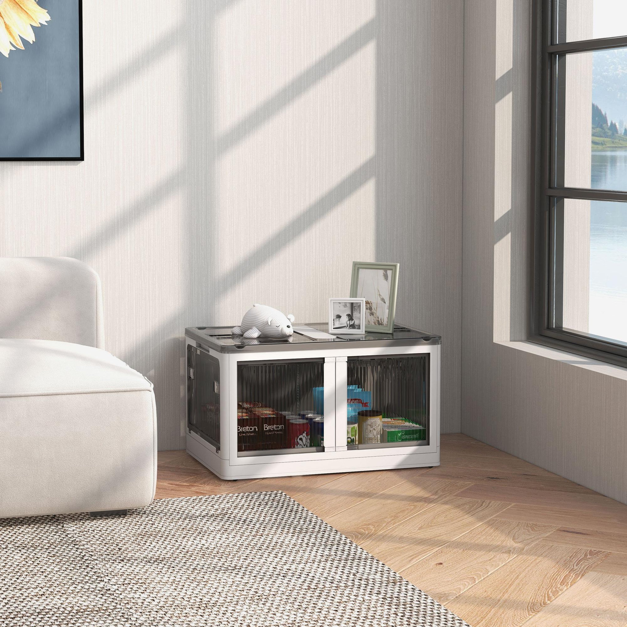 Voir la diapositive 2 : HOMCOM Boîte de rangement plastique 99L pliable empilable couvercle 4 roulettes accès 5 côtés blanc gris