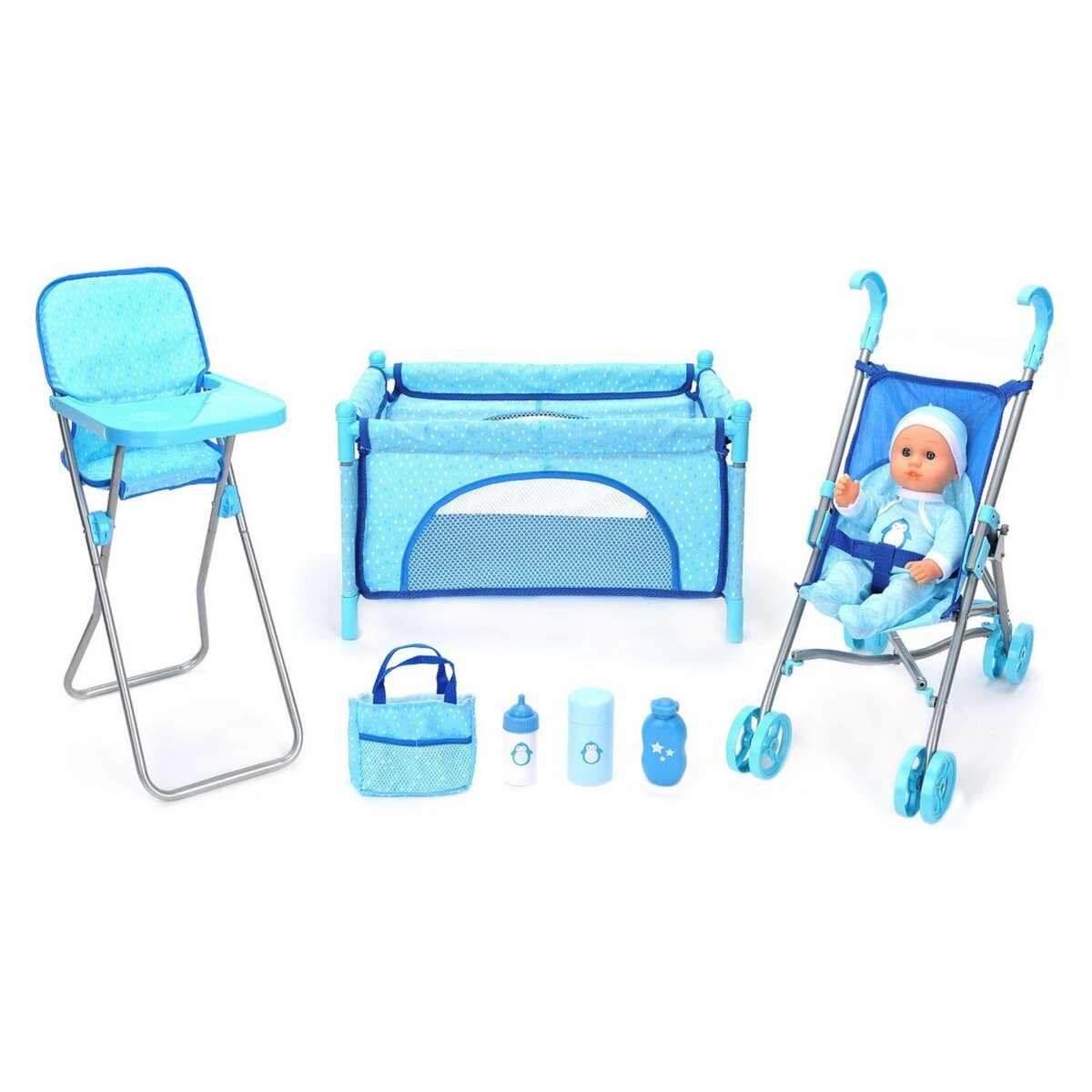 One Two Fun Mon kit d'accessoires pour bébé avec poupon 30 cm - bleu