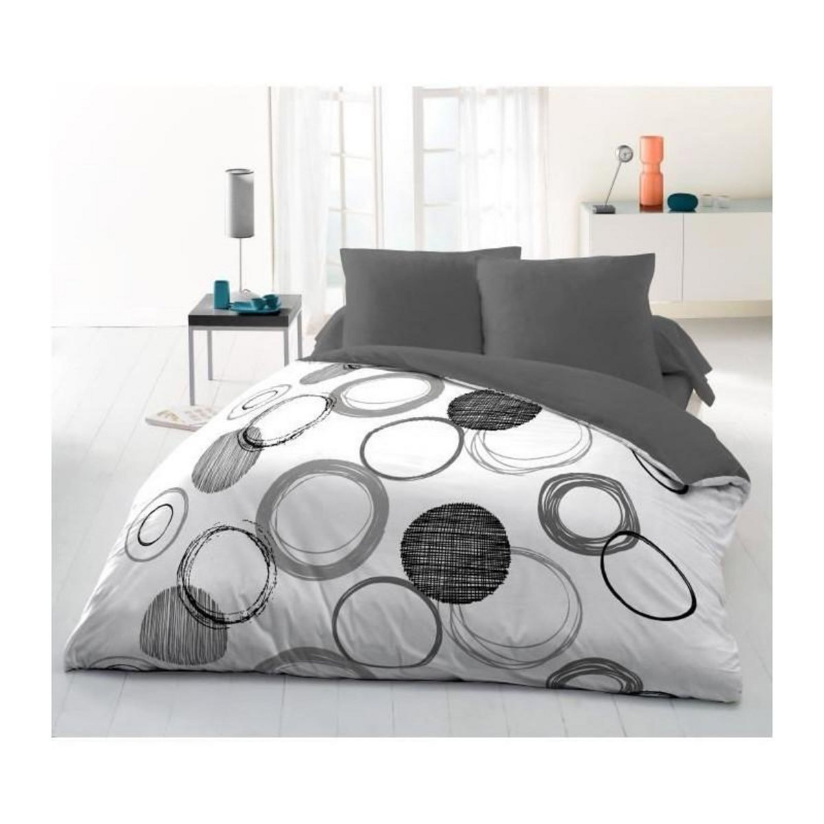 HOME LINGE PASSION Parure de couette microfibre Audace - 1 housse de couette 240x260 cm + 2 taies d'oreiller 63x63 cm - Gris clair - HOME LINGE PAS