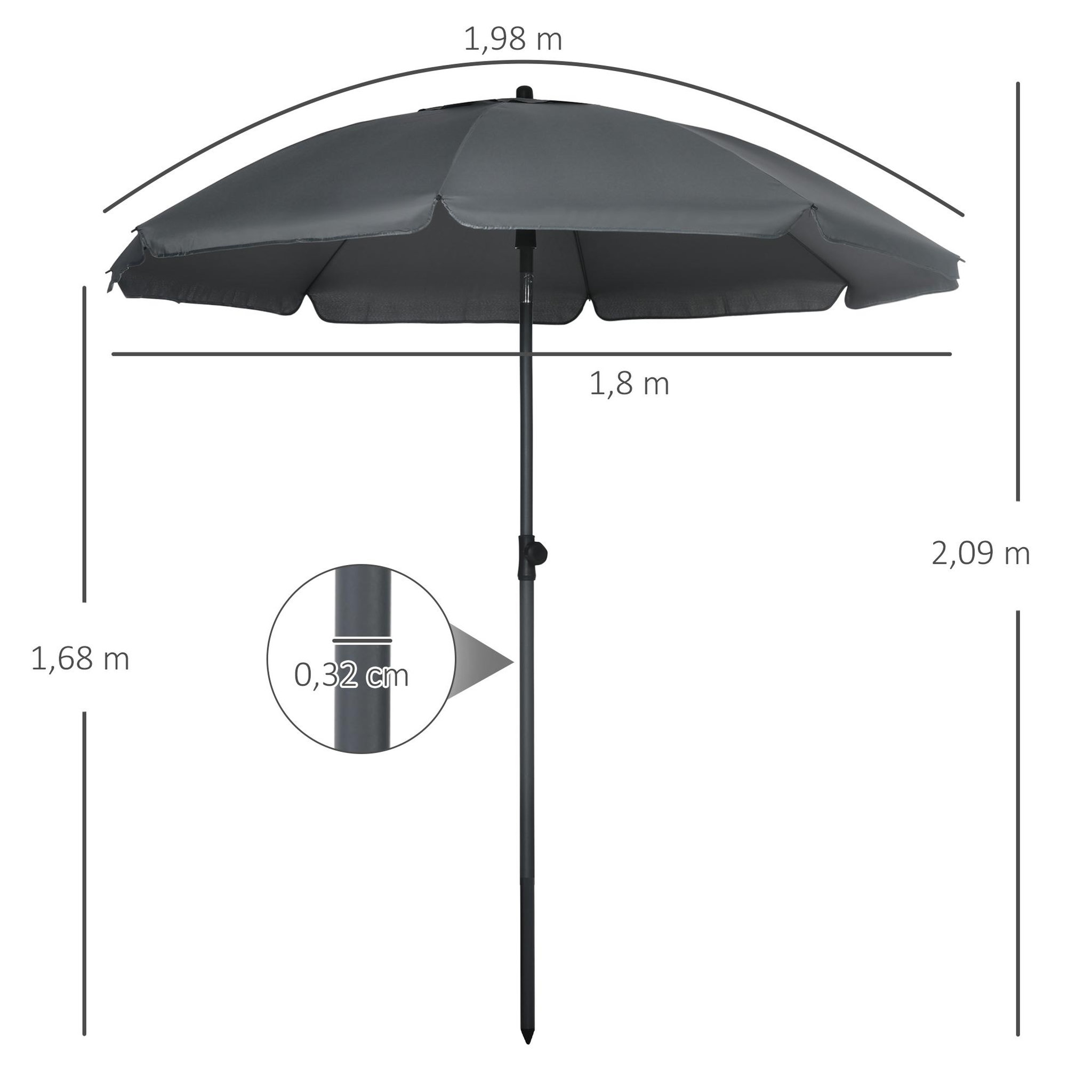 Voir la diapositive 3 : OUTSUNNY Parasol inclinable octogonal  Ø 1,8 x 2,09H m acier époxy polyester 160 g/m² anti-UV50+ gris