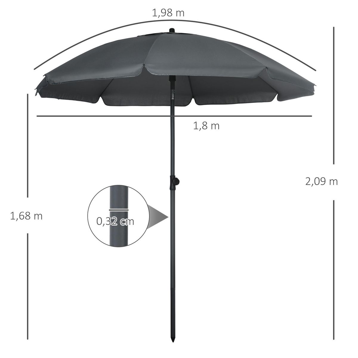 OUTSUNNY Parasol inclinable octogonal  Ø 1,8 x 2,09H m acier époxy polyester 160 g/m² anti-UV50+ gris
