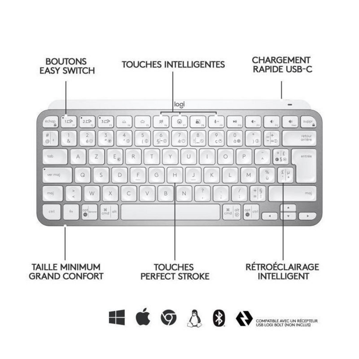 Logitech Clavier sans fil Logitech - MX Keys Mini - GRIS PALE - Compact, Bluetooth, retroeclaire pour MAC, iOS, Windows, Linux, Android