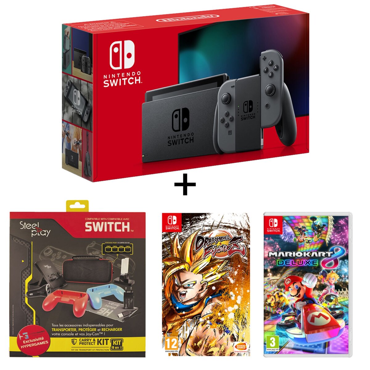 Console Nintendo Switch Joy-Con Gris + Pack de 9 accessoires Nintendo Switch + Dragon Ball FighterZ + Mario Kart 8 Deluxe