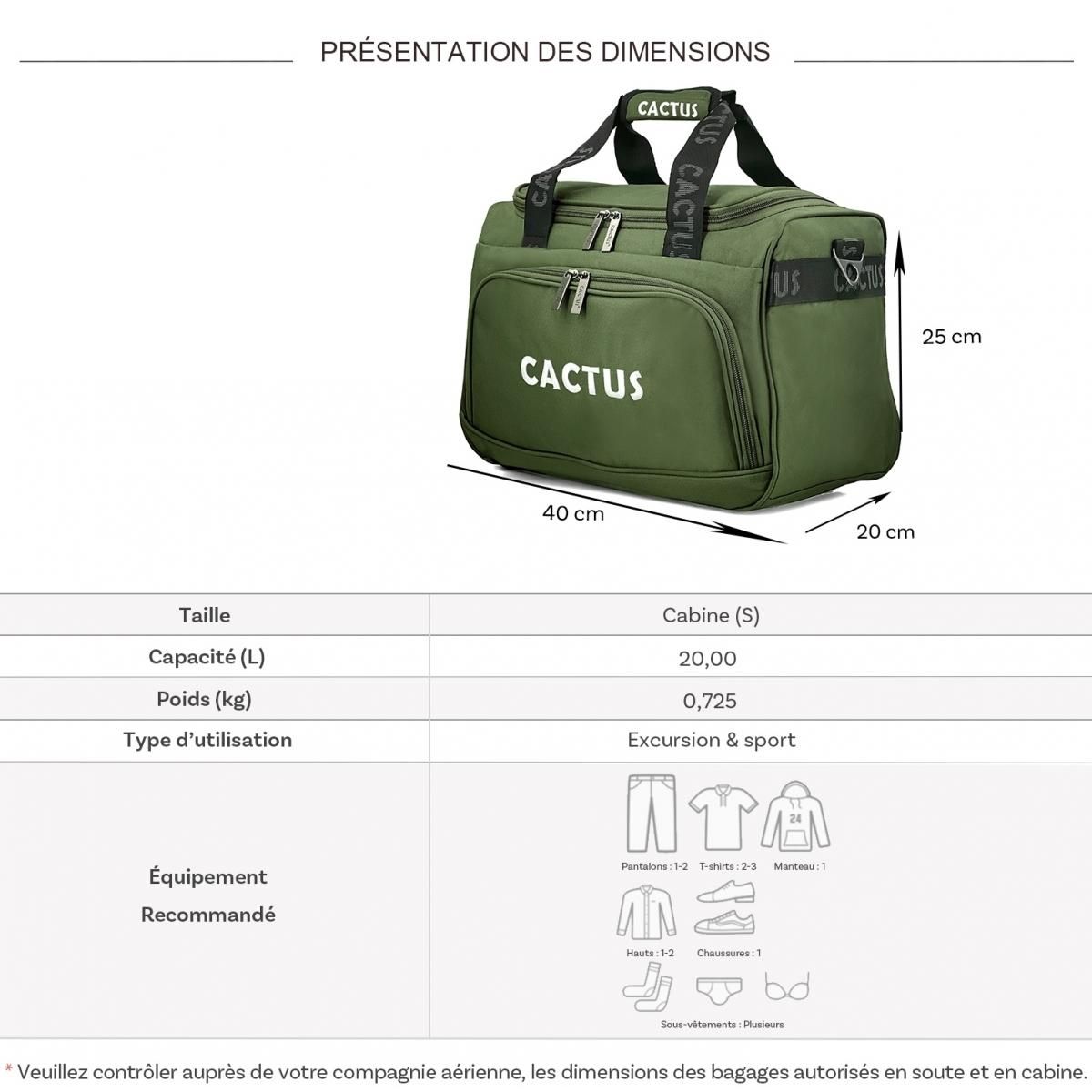 Cactus Sac de voyage 20L week-end et sport format Ryan Air sans roulettes