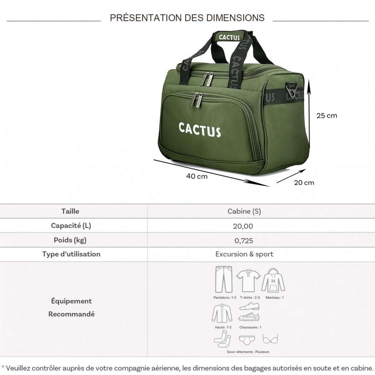 Cactus Sac de voyage 20L week-end et sport format Ryan Air sans roulettes