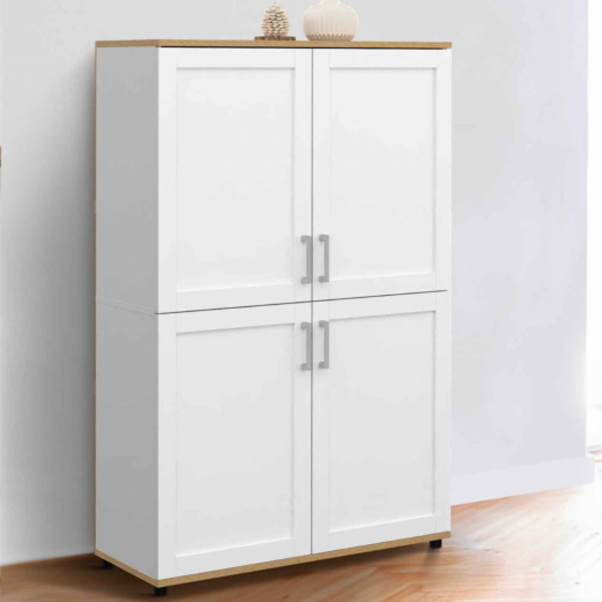 ID MARKET Buffet haut H. 125 cm VITO 4 portes blanc et bois