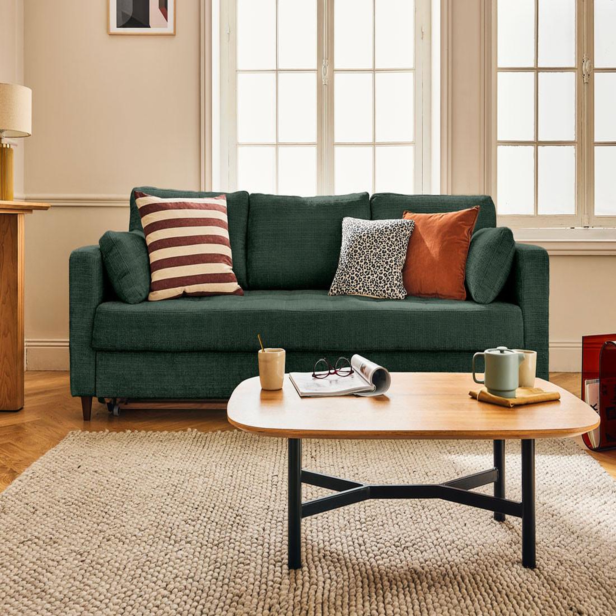 LISA DESIGN Anna - canapé droit 3 places convertible avec poche en velours texturé. Coloris disponibles : Bleu, Gris, Beige, Orange, Vert, Violet