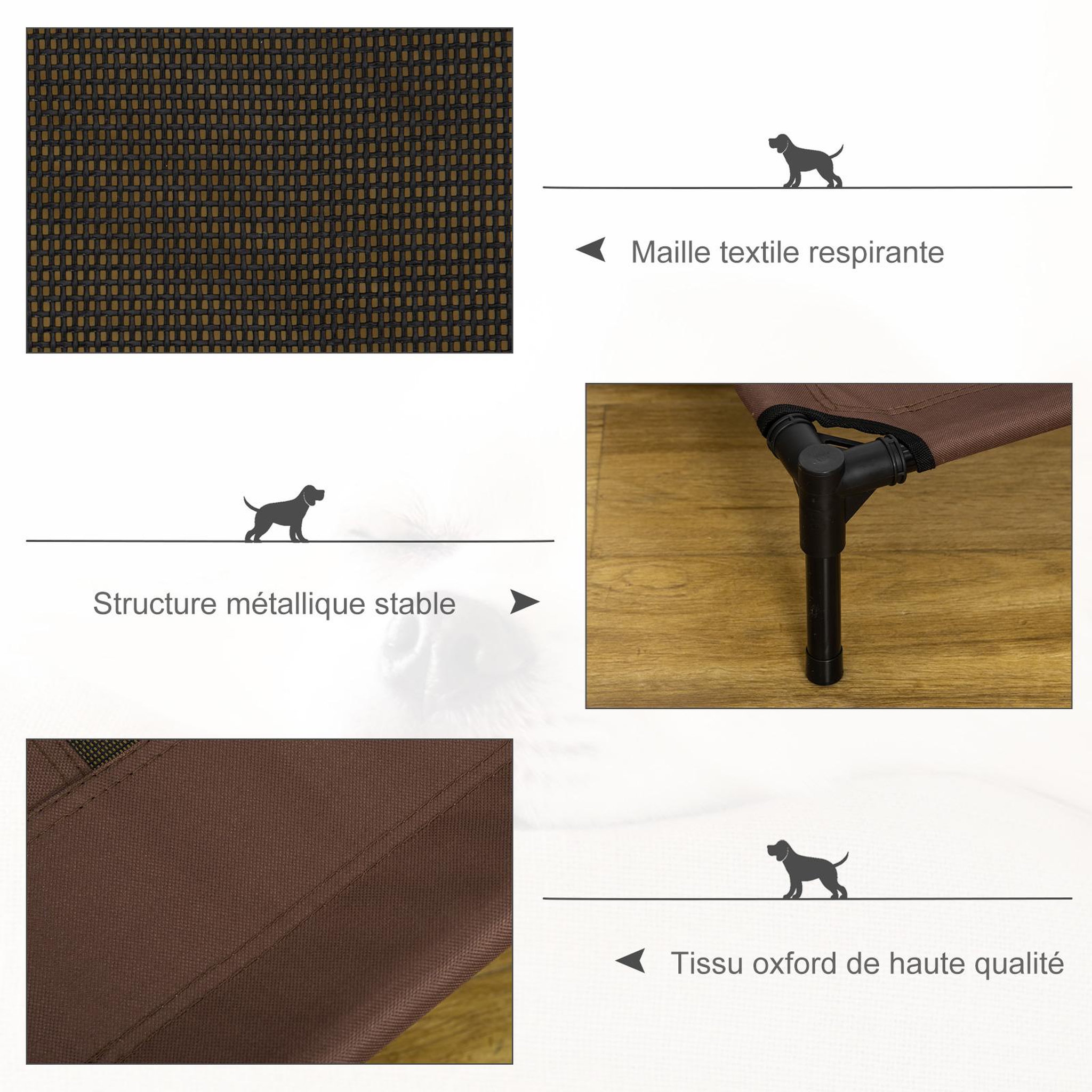 Voir la diapositive 6 : PAWHUT Lit sur pieds pour chien chat lit de camp animal lit surélevé oxford textilène micro-perforé dim. 92l x 76l x 18h cm marron