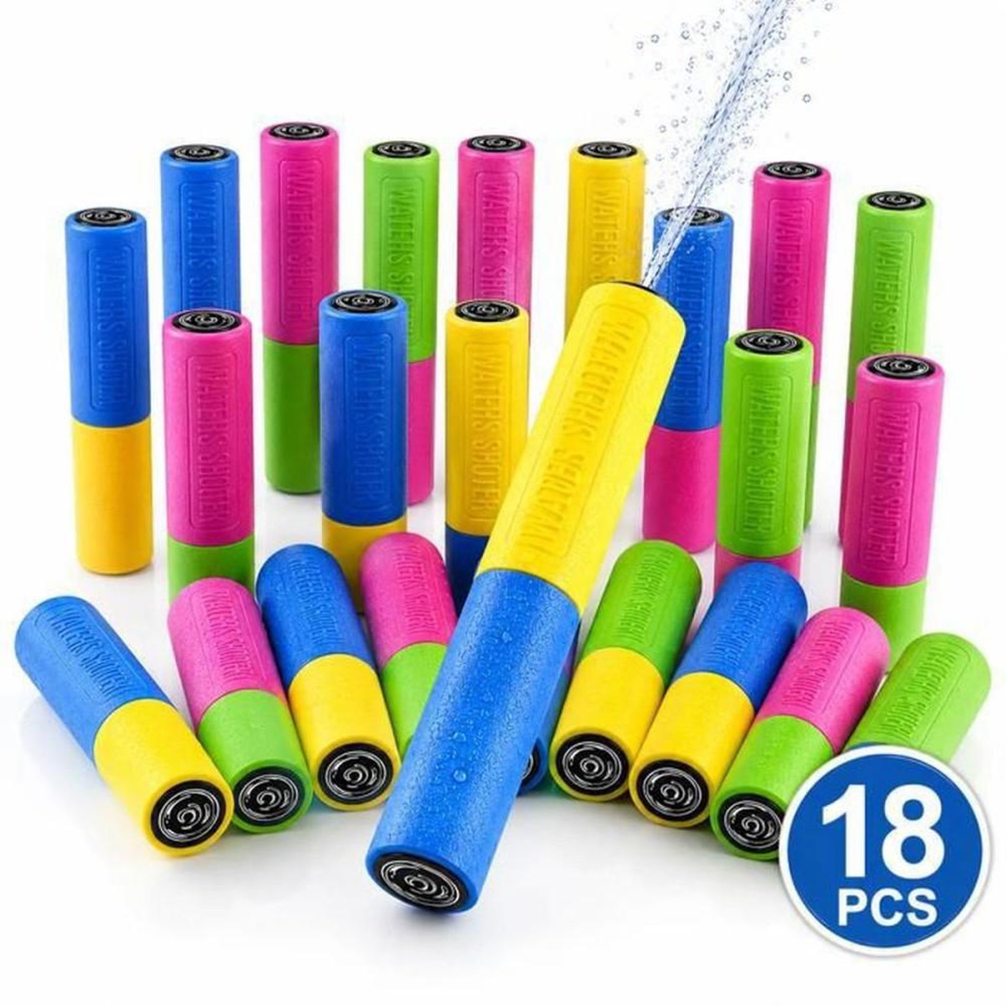 Lot de 18 pistolets à eau en mousse, jeux d'extérieur 4 à 6 m, 3 à 8 ans, couleur bleu vert jaune rose, environ 16 cm