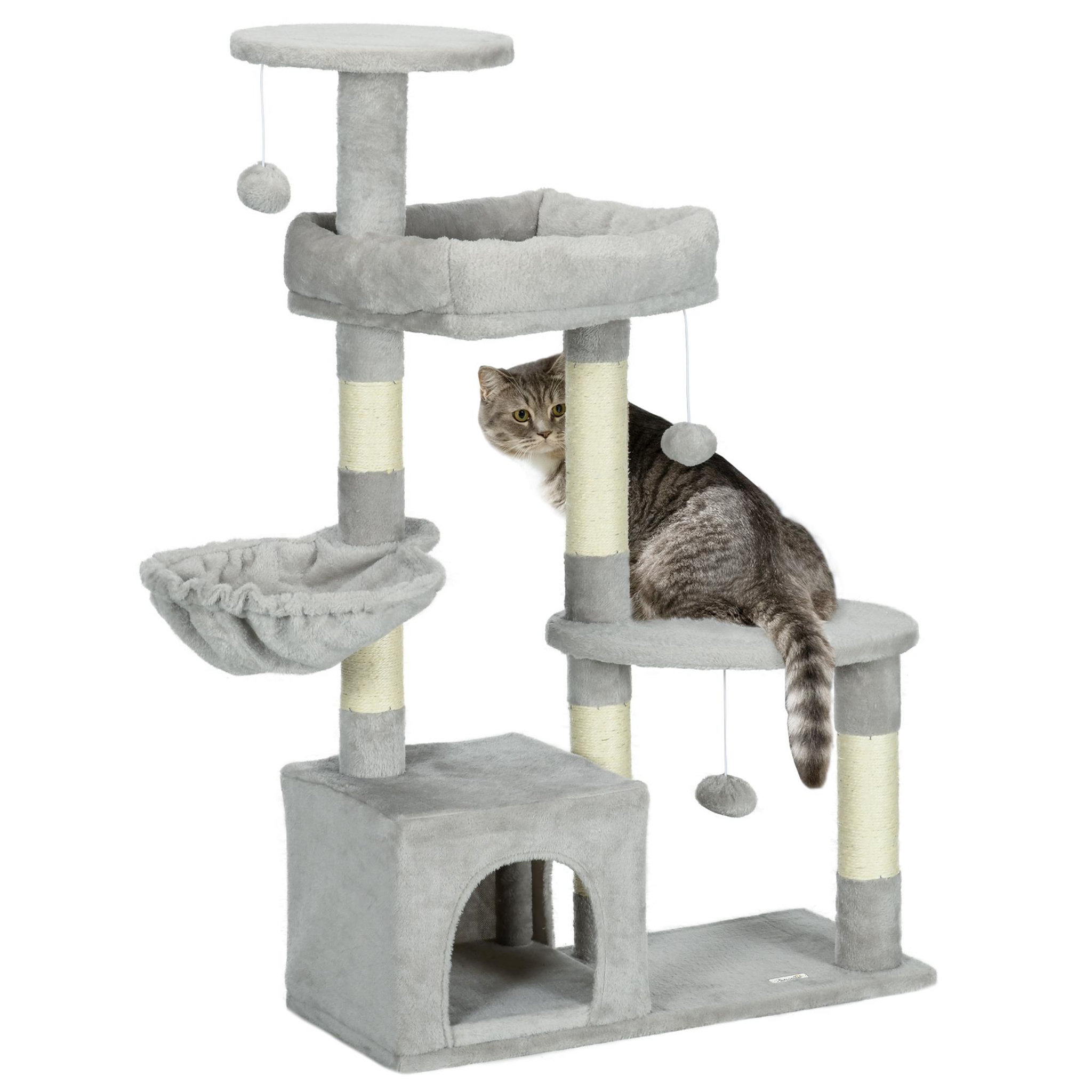 Voir la diapositive 4 : PAWHUT Arbre à chat griffoirs sisal naturel niche plateformes panier hamac jeux boules suspendues peluche gris