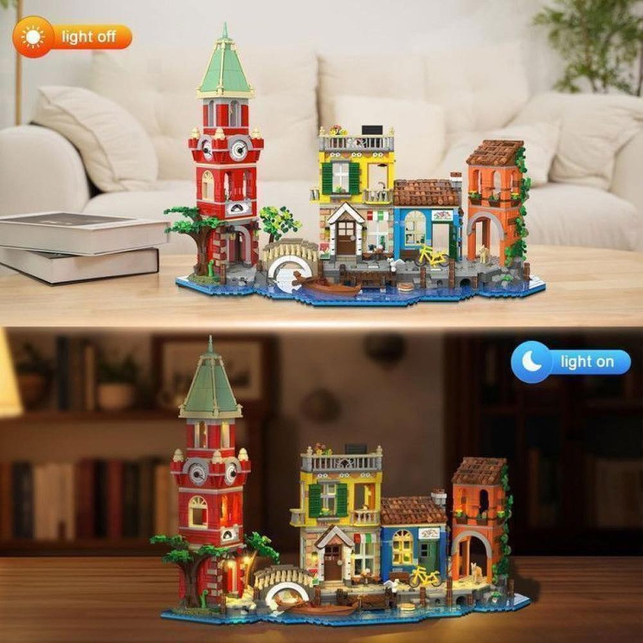 Voir la diapositive 2 : Kit de construction modulaire Venise romantique 2 155 pièces avec éclairage LED, 4 bâtiments, gondole et canal