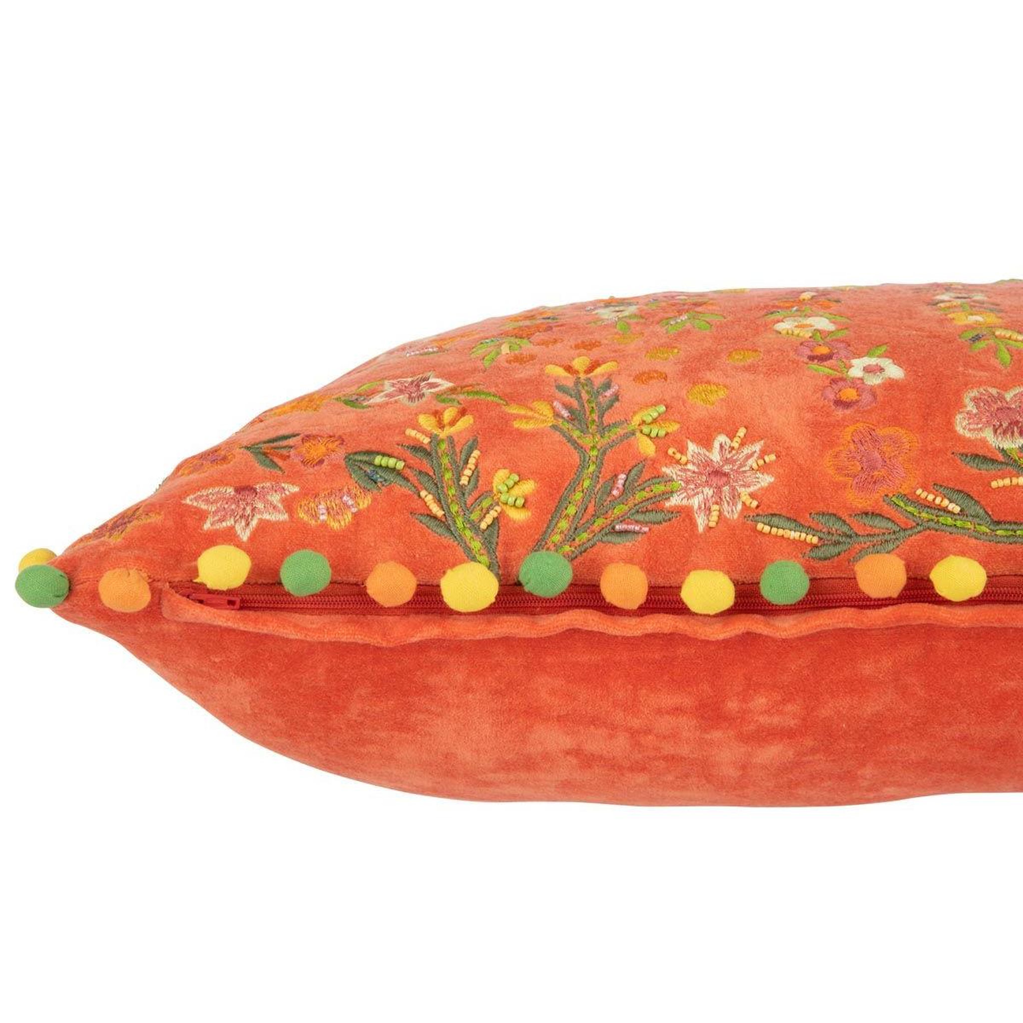 Voir la diapositive 3 : J-LINE Coussin velours design fleurs  mexican  35x65cm orange