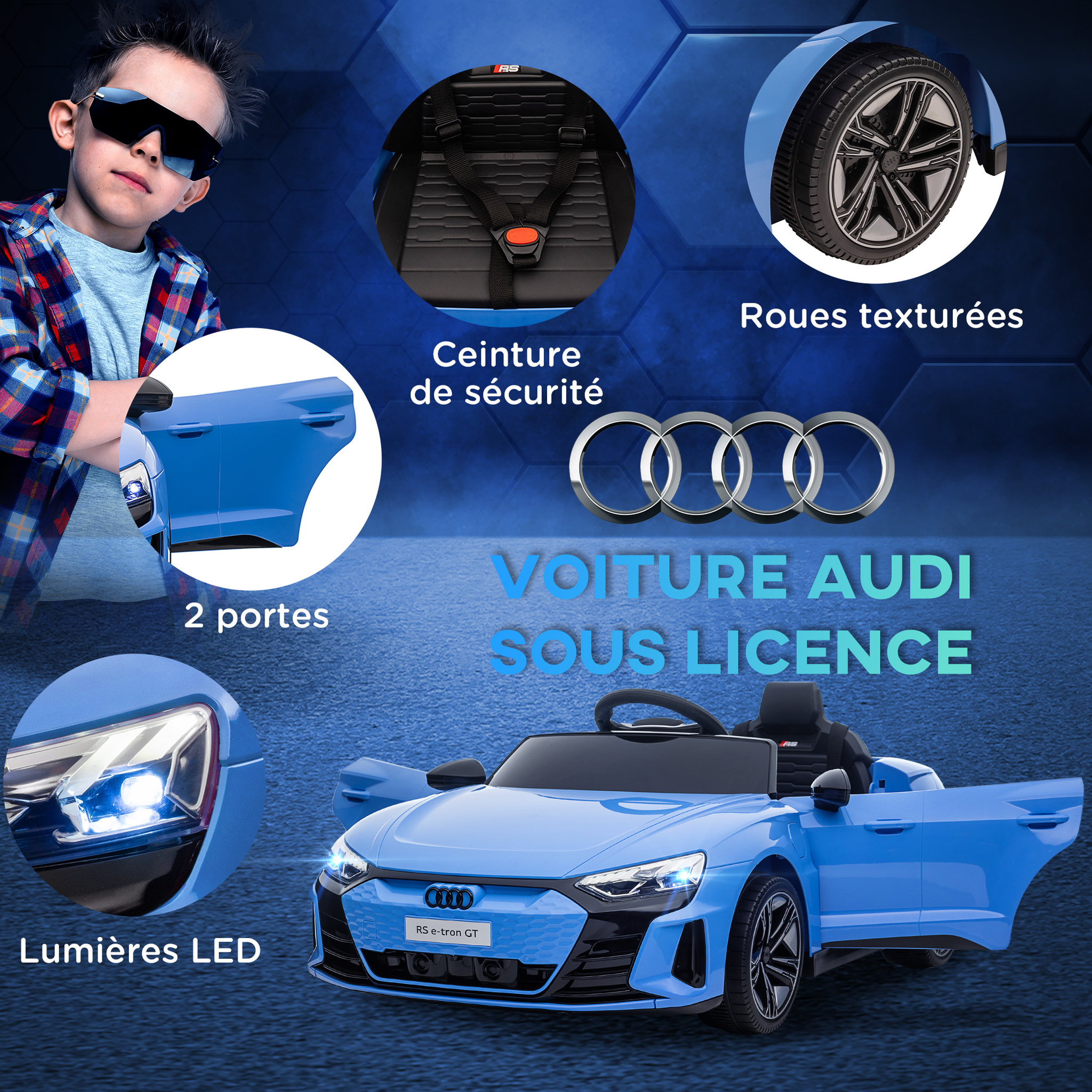 Voir la diapositive 4 : HOMCOM Véhicule électrique enfant Audi RS e-tron GT V. max. 5 Km/h télécommande effets sonores + lumineux bleu