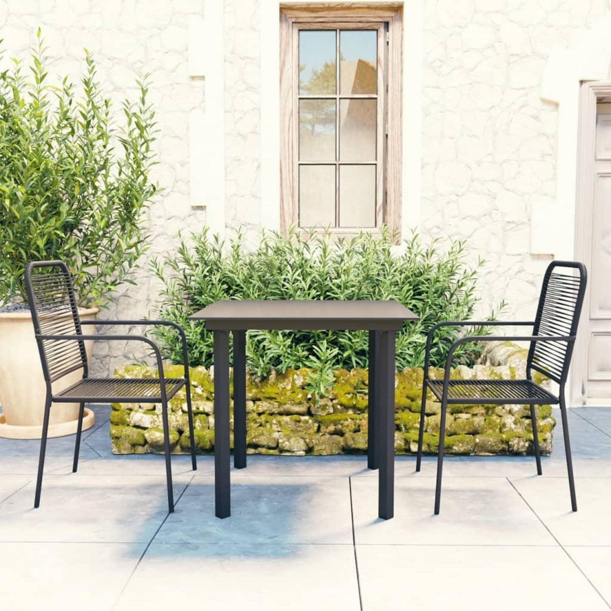 VIDAXL Ensemble a manger de jardin 3 pcs noir verre et acier