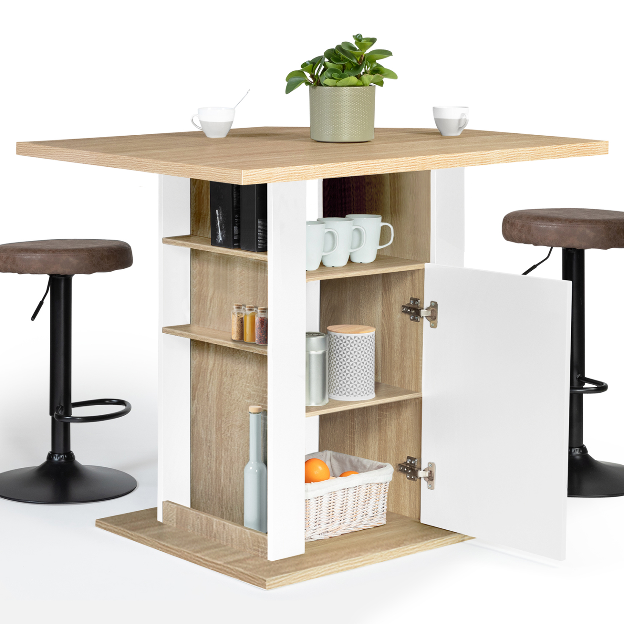 Voir la diapositive 4 : ID MARKET Ilot central ugo 110 cm bois blanc et imitation hêtre avec rangements