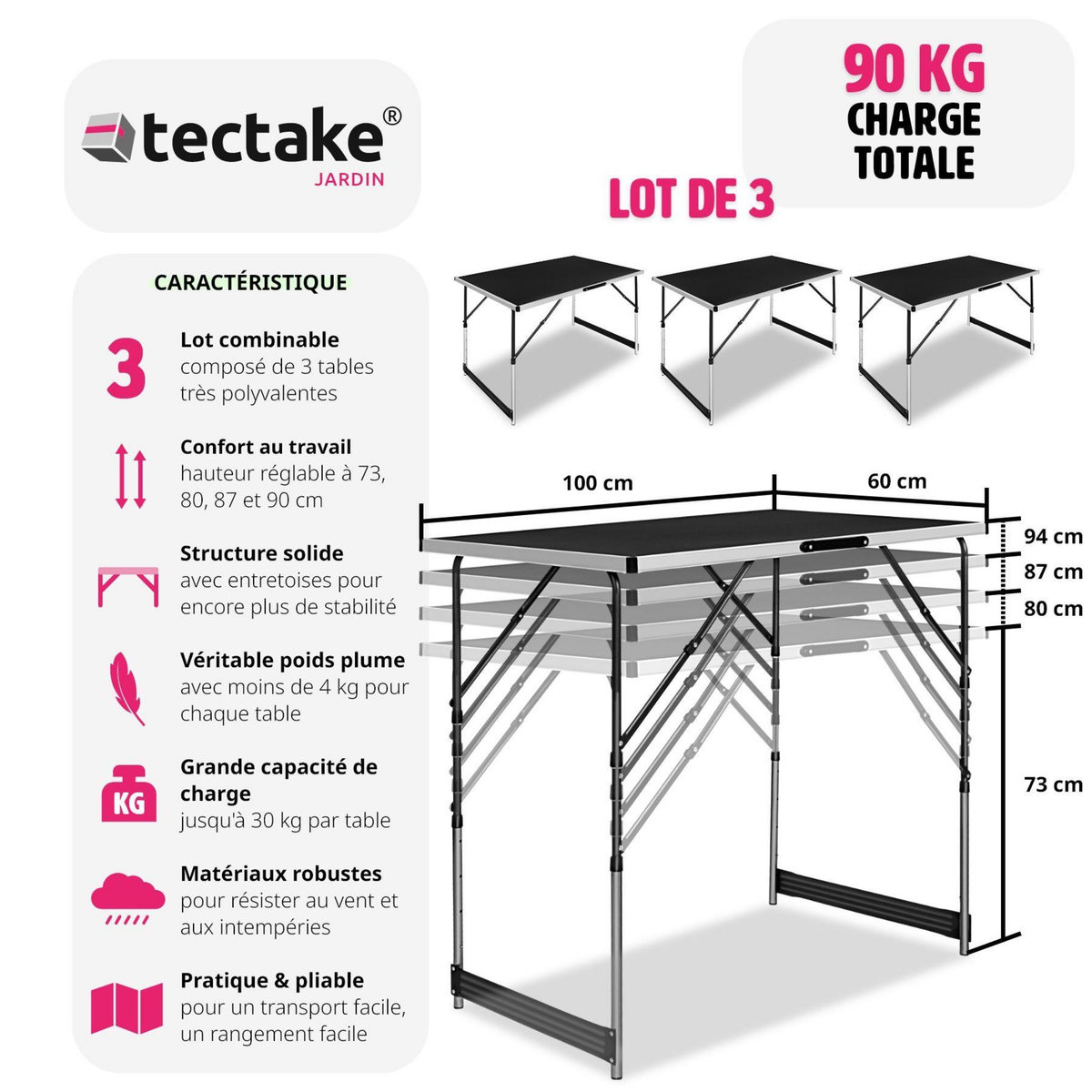 tectake Lot de 3 tables à tapisser pliable noir