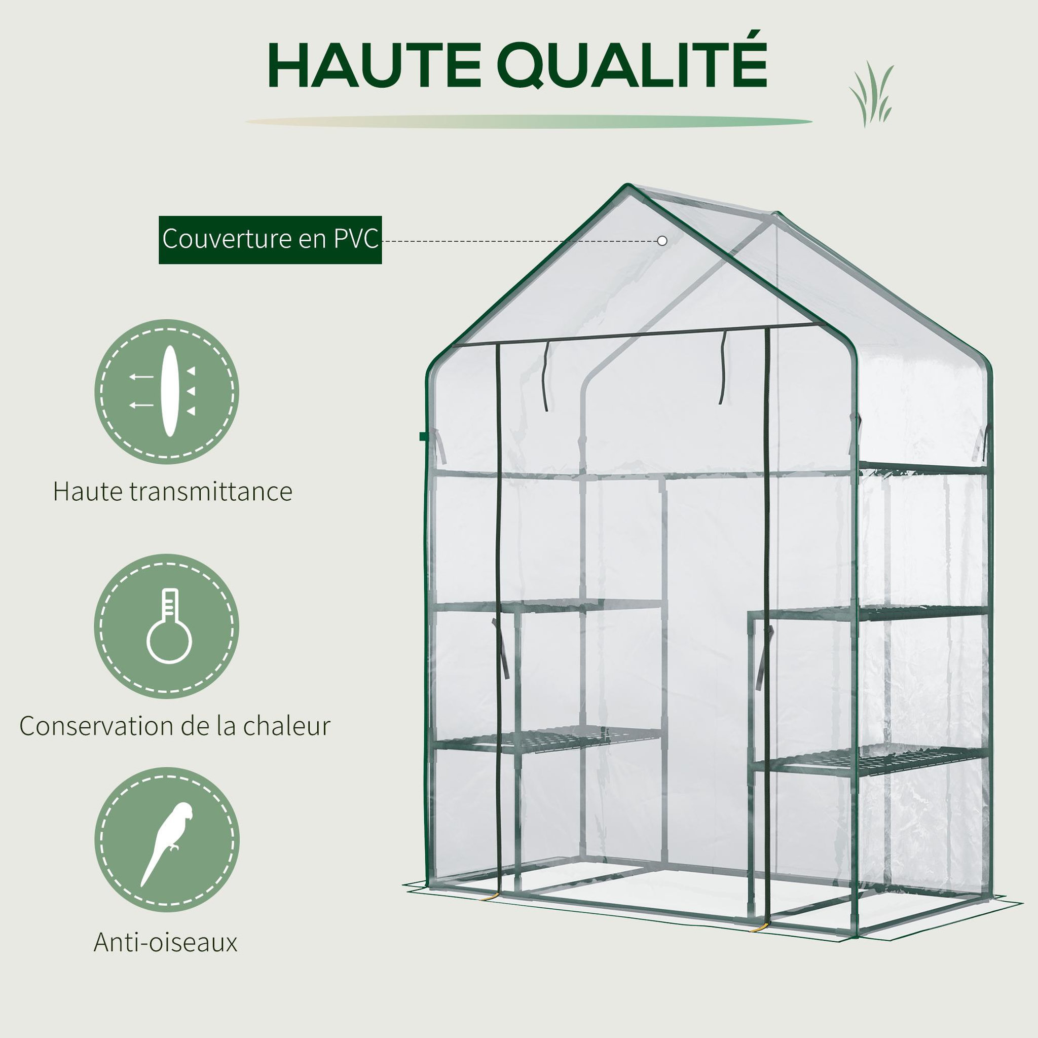 Voir la diapositive 4 : OUTSUNNY Serre de jardin 6 étagères - dim. 142l x 73l x 195h cm - porte - acier thermolaqué pvc haute densité anti-uv - transparent vert